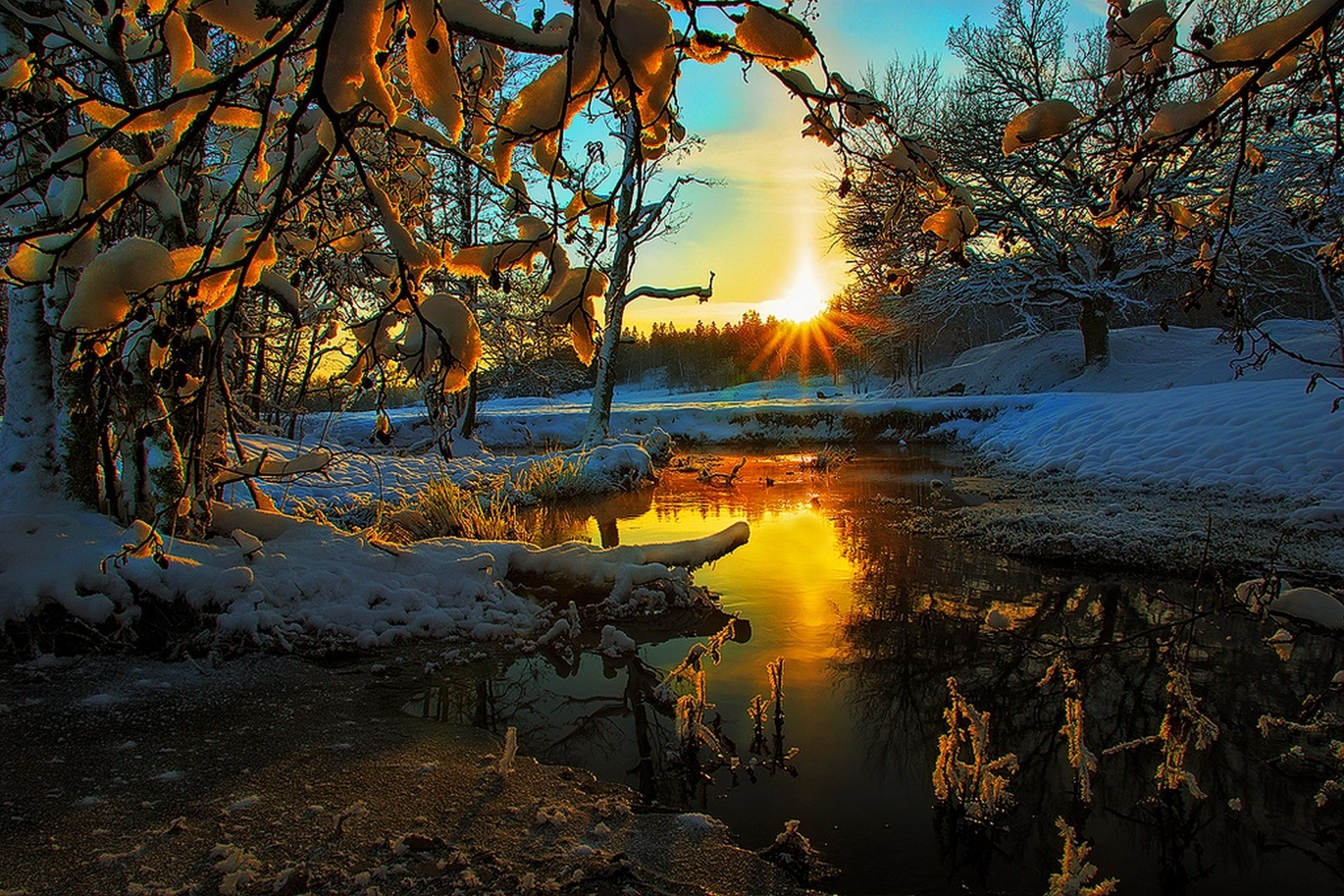 nature hdr landscape season winter view colors snow ice clouds sky sunset tree trees river cool nice winter view color river