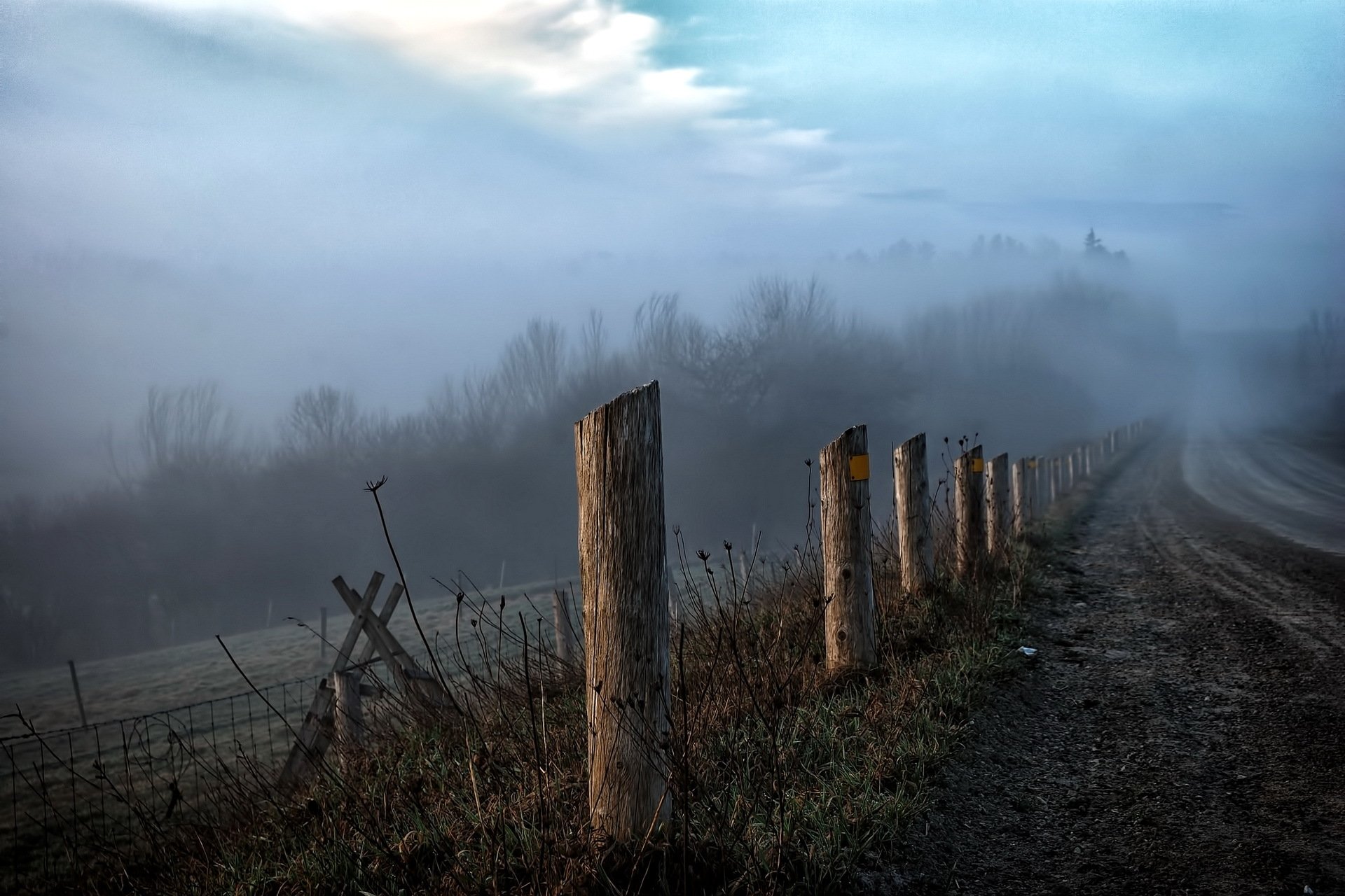 route matin brouillard clôture paysage