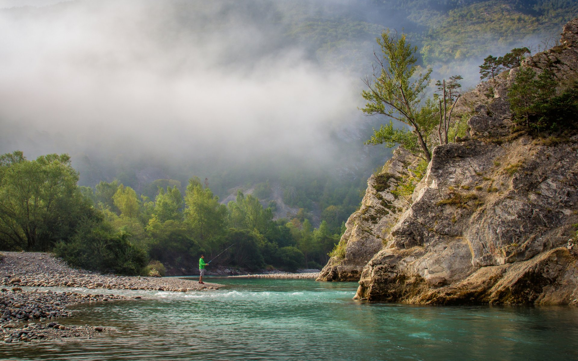 france provence mountain tree river verdon a fisherman fishing