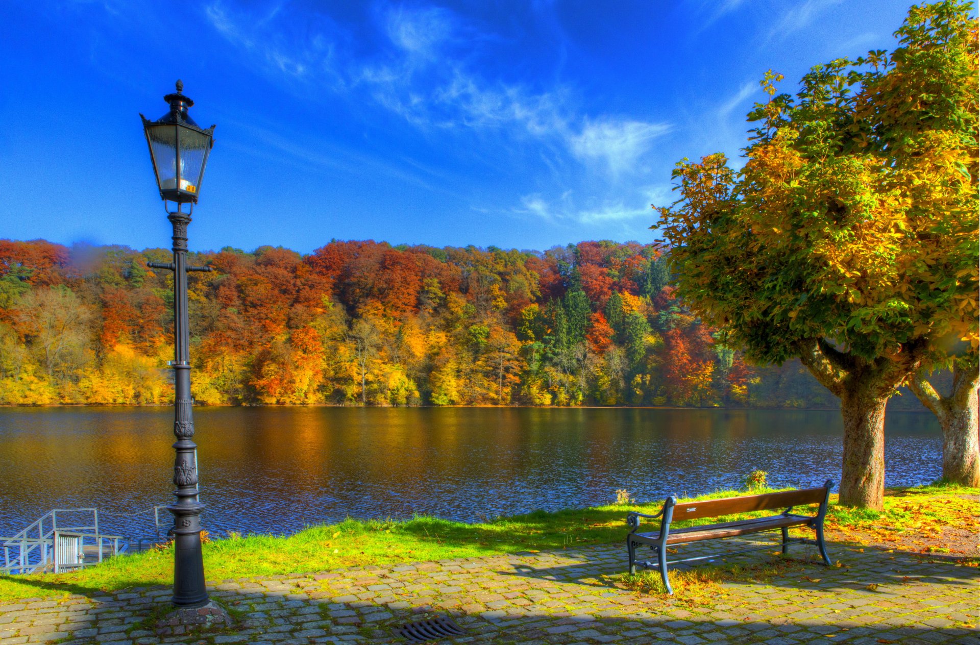 river germany autumn sky ulm lamps bench tree hdr nature photo