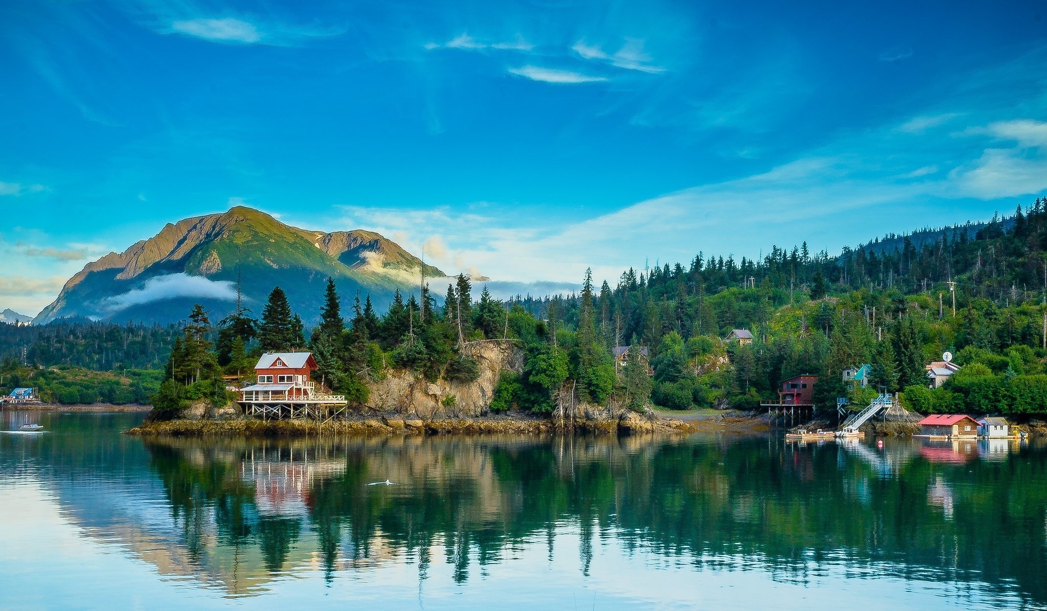 alaska mountain forest house village bay reflection