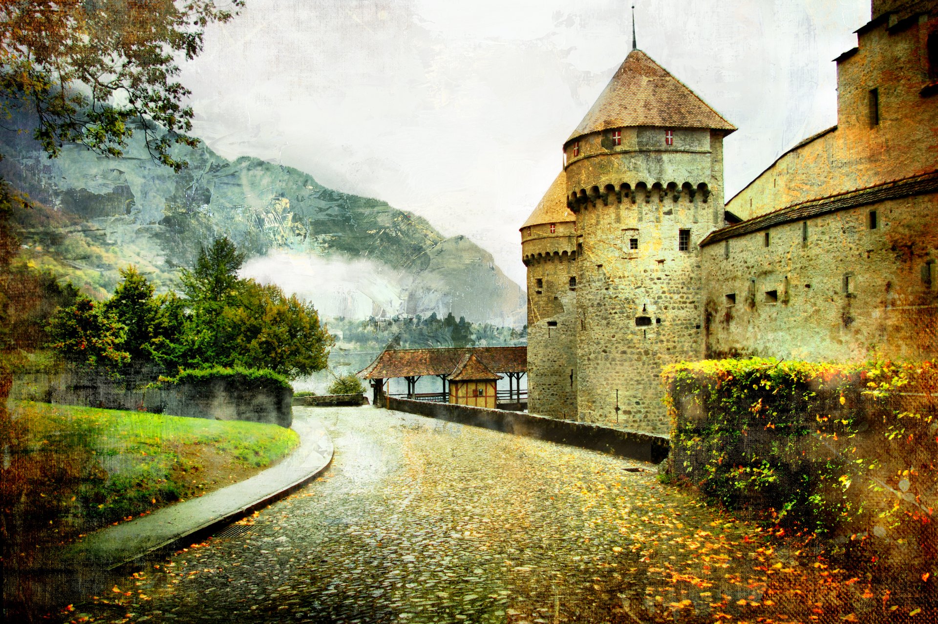 château de conte de fées paysage route vintage montagne