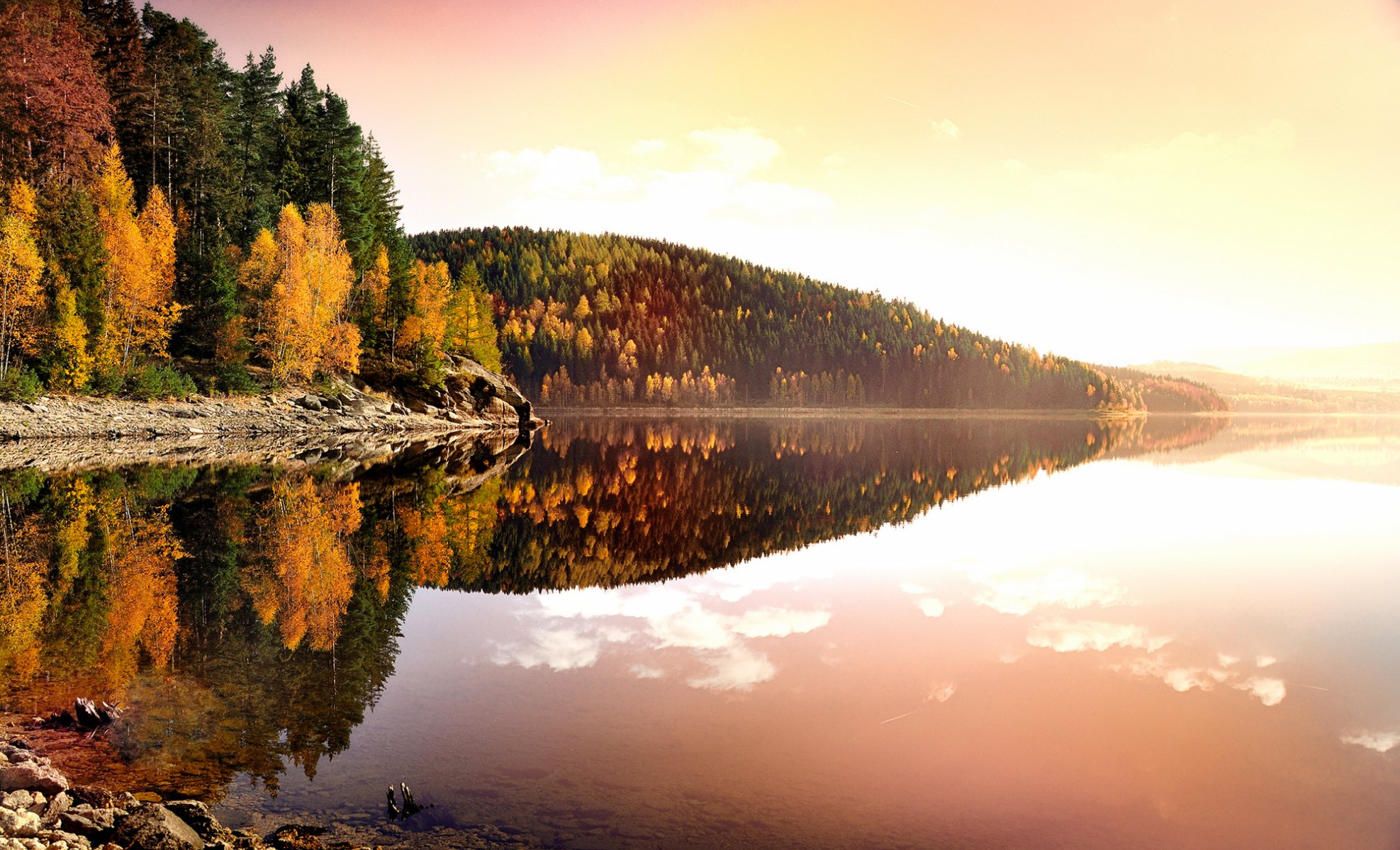 autumn nature landscape evening sunset shore erzgebirgskreis ore mountains germany trees leaves yellow lake water reflection