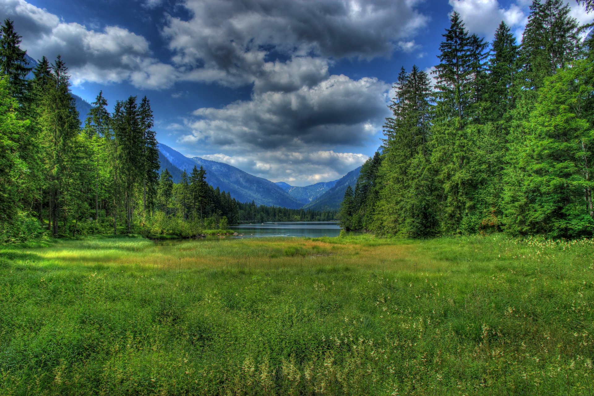 deutschland ramsau berchtesgaden bayern gras see wald berge wolken natur