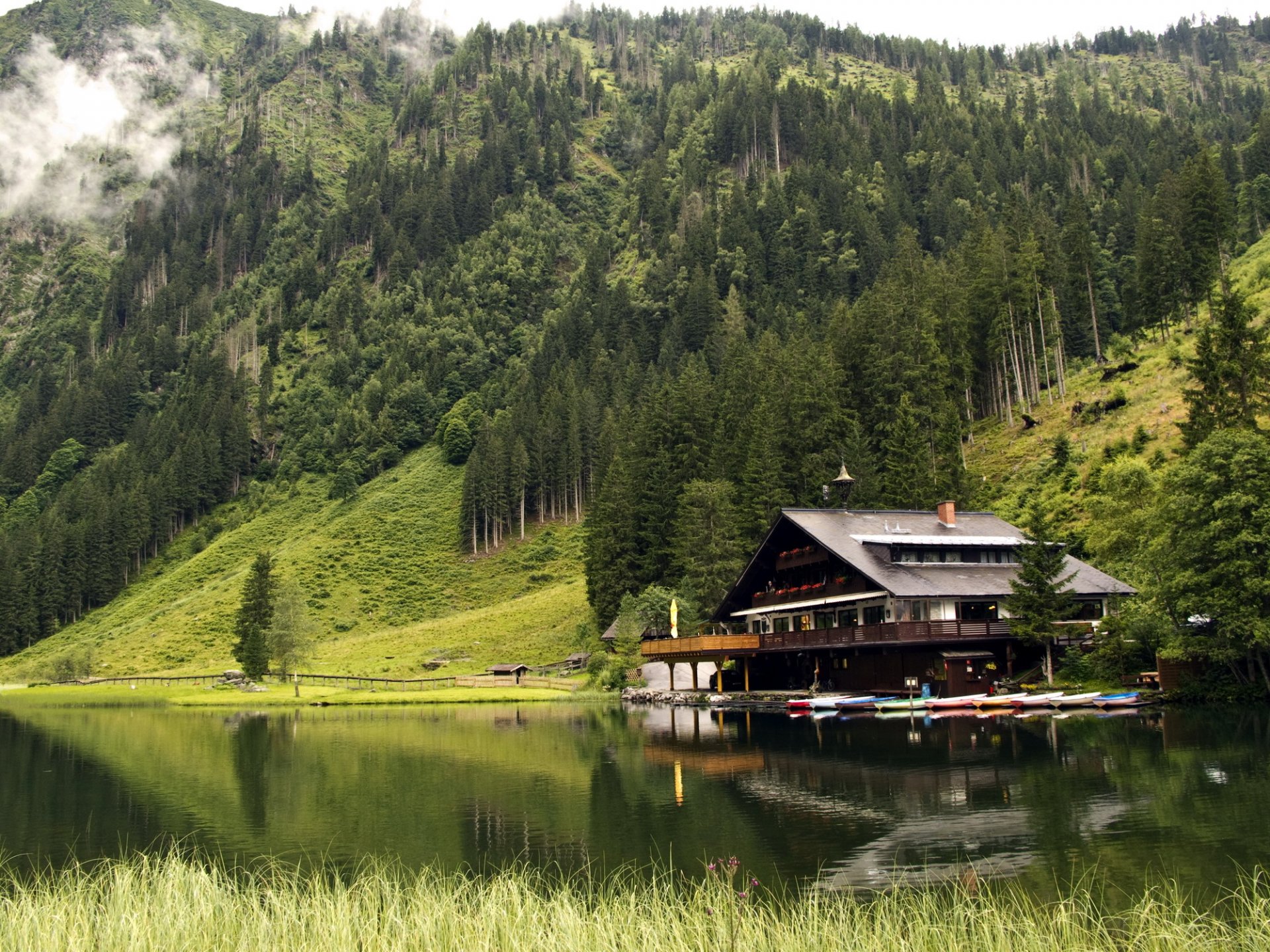 mountains house lake boats forest