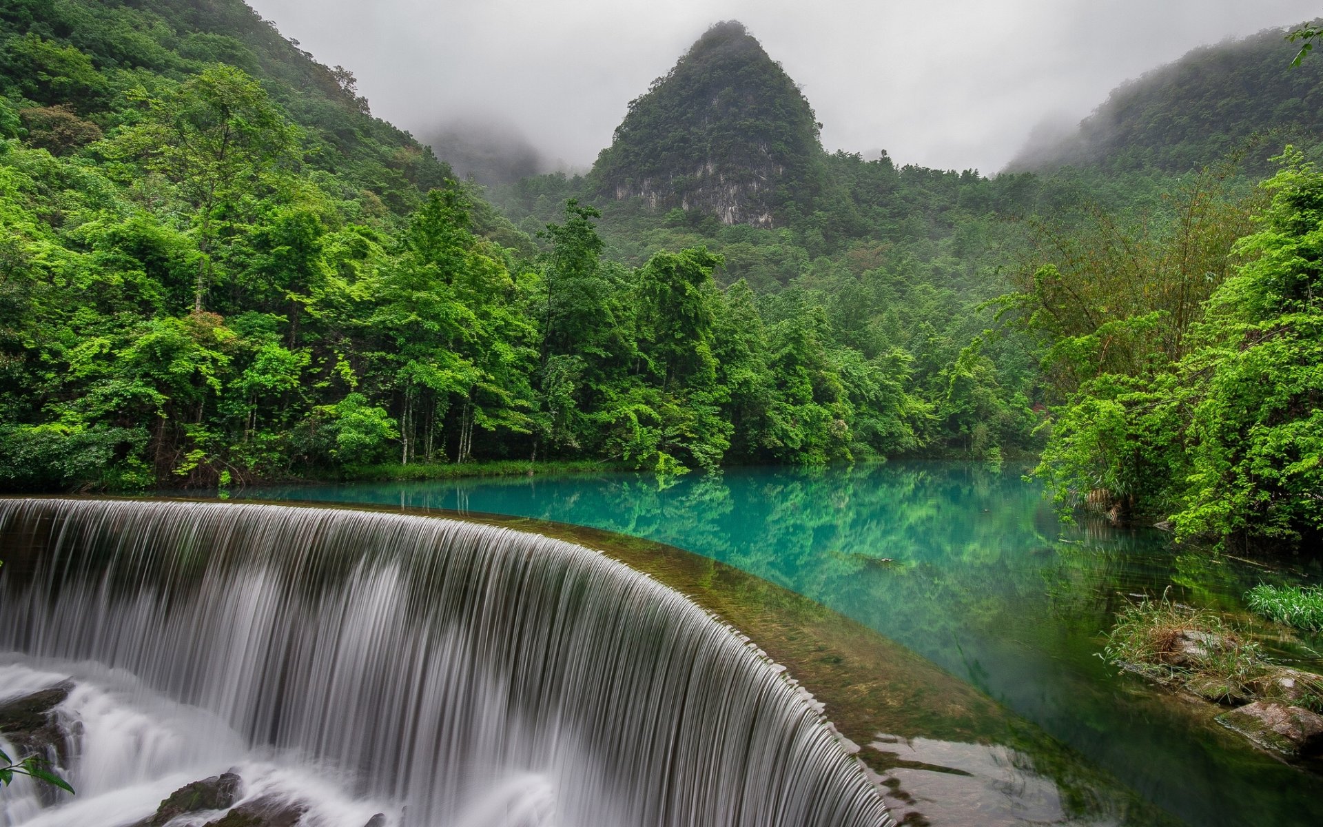 libo county guizhou china or river waterfall forest mountain