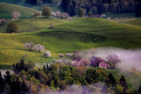 Brouillard sur le village avec des collines