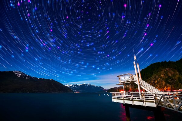 Magischer Sternenhimmel mit Pier an der Bucht