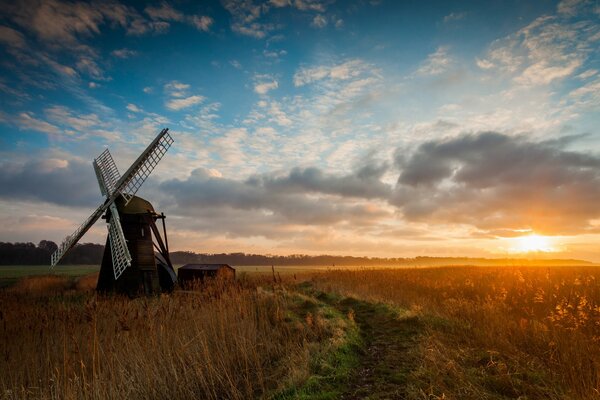 Lever de soleil délicieux tôt le matin dans un champ avec un moulin à vent