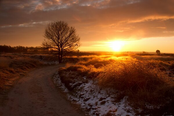 Sonnenuntergang auf einer verschneiten Straße