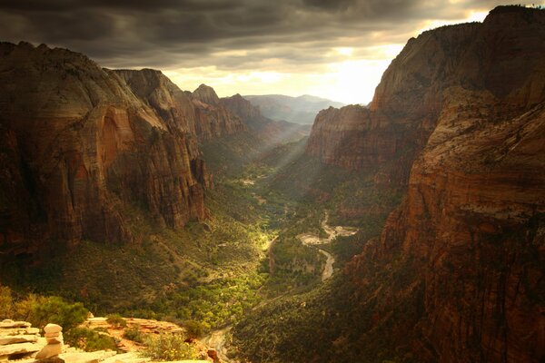 Gorge with the rays of the setting sun