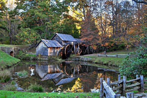 Wassermühle im Herbstwald