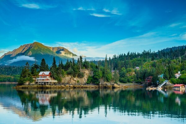 Maisons au bord du lac. forêt et montagnes