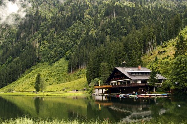 House on the lake at the foot of the mountains