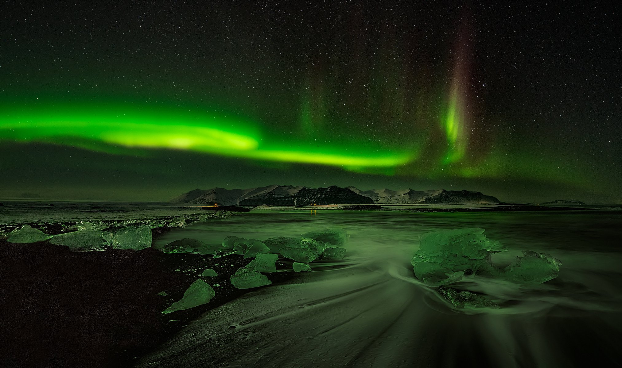 plaża zimno lód noc polar zorza polarna