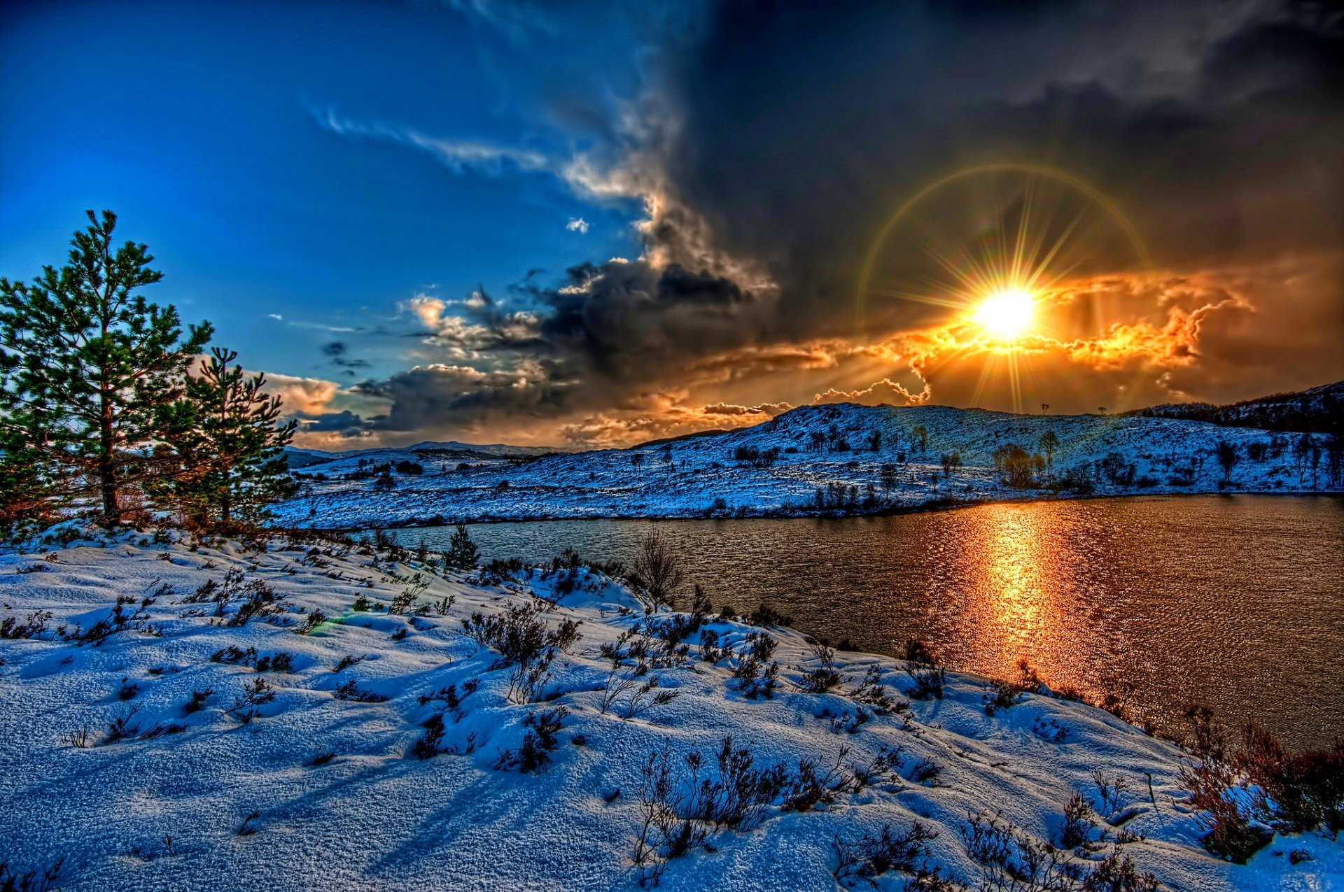 nature winter sunset sun snow river sky clouds white landscape beautiful cool nice scenery