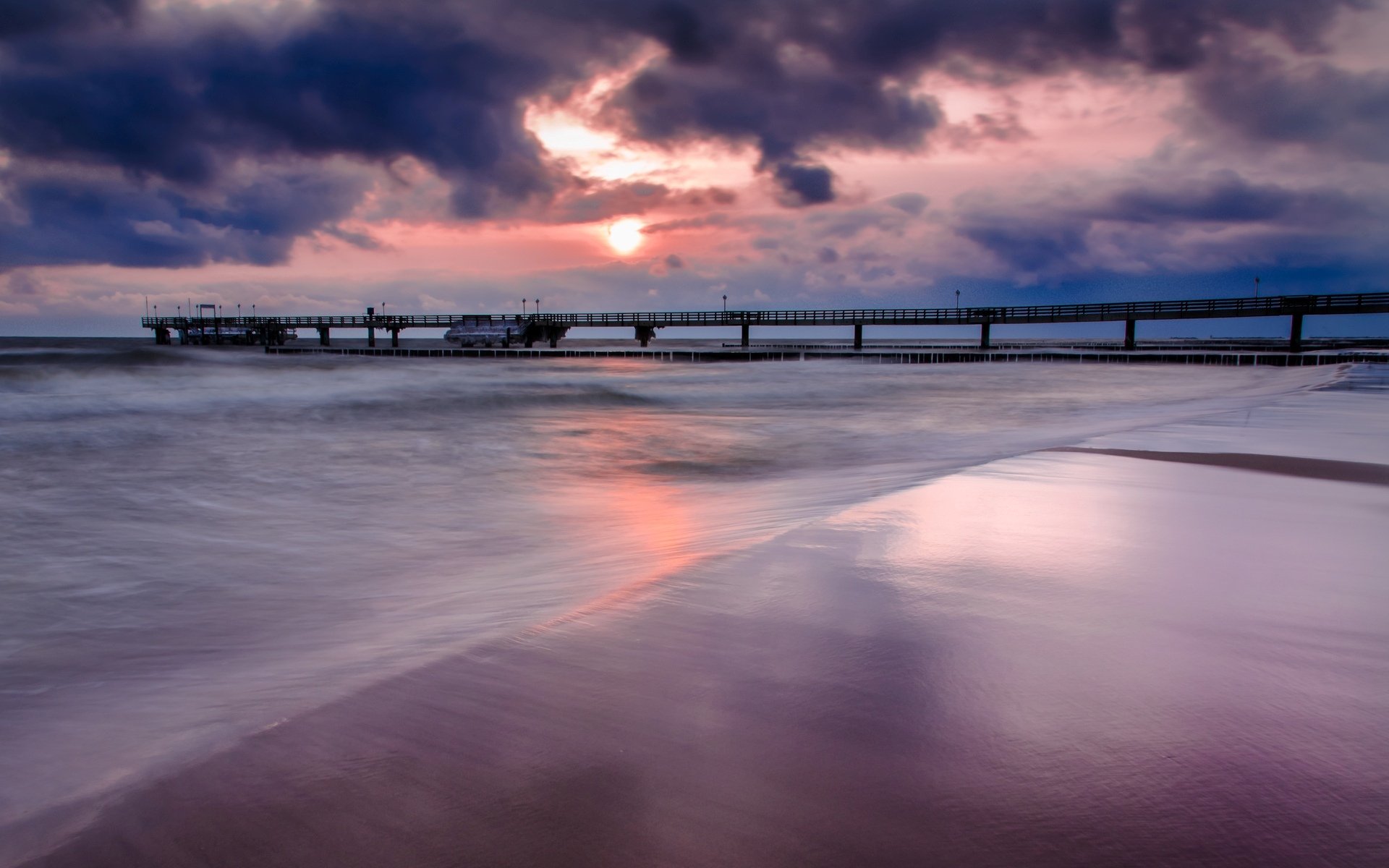 landscape nature sea river water ocean bridge pier pink sky clouds background night wallpaper widescreen full screen hd wallpapers fullscreen