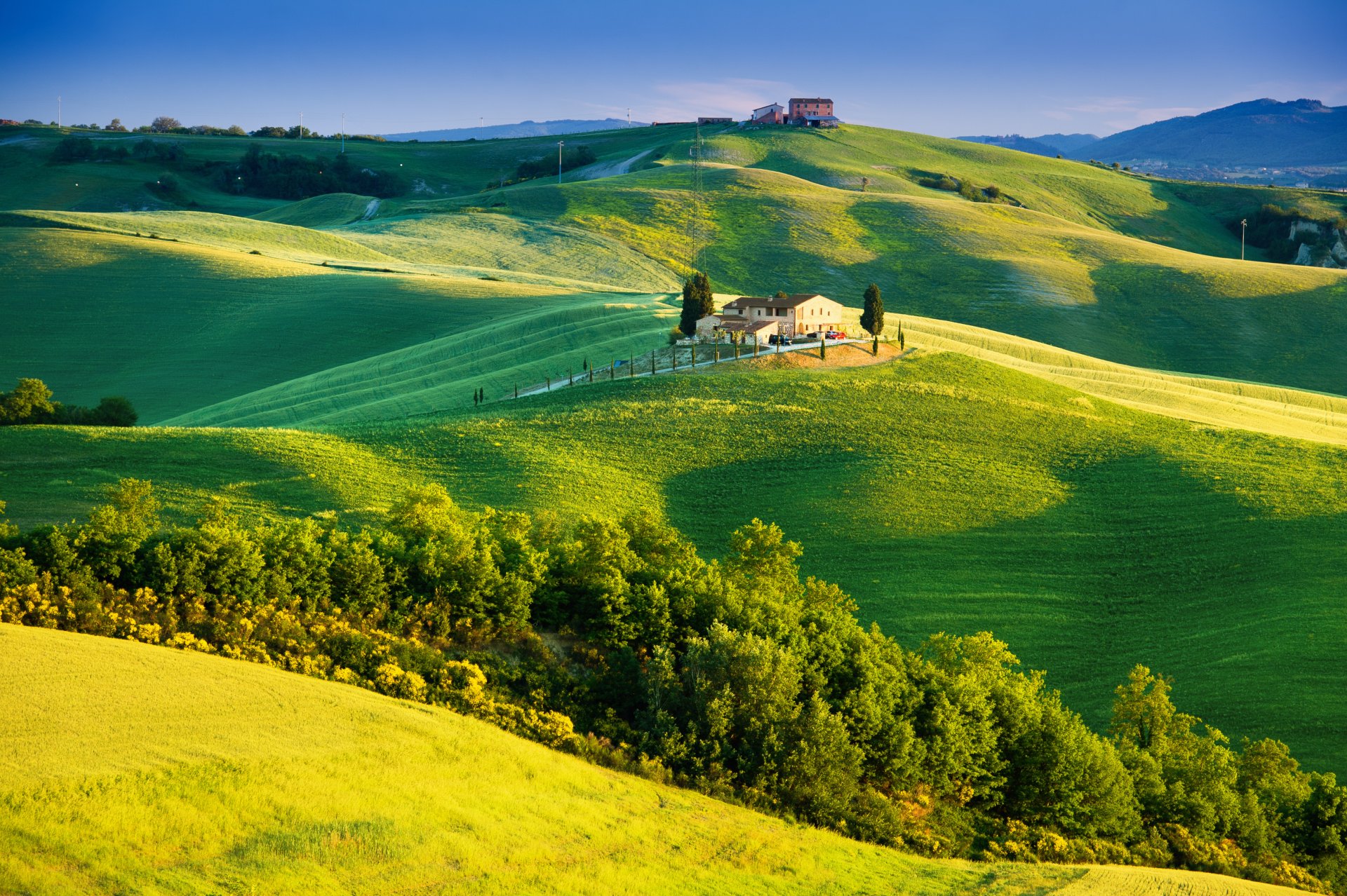 italien toskana im sommer auf dem land landschaft natur bäume himmel grünes feld haus sonnenlicht sommer landschaft grüne felder