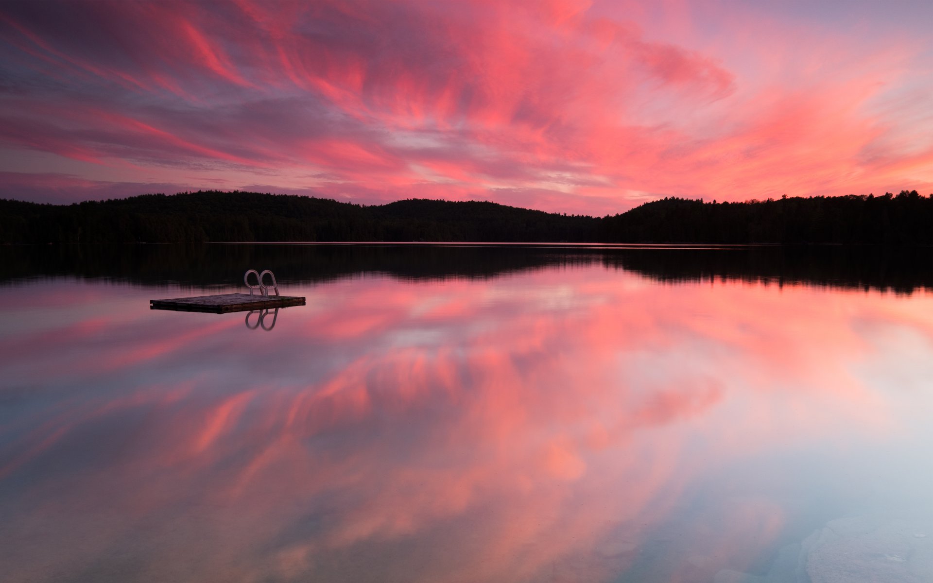 canada lac forêt arbres coucher de soleil ciel nuages