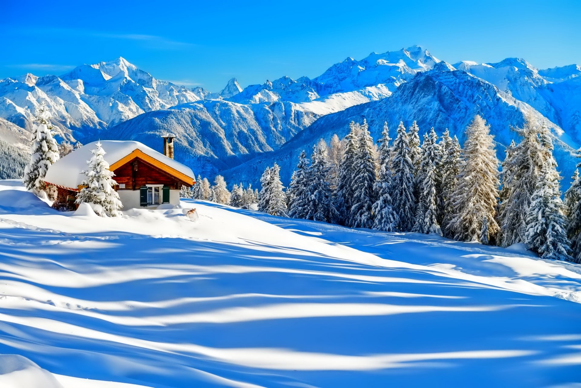 winter snow house tree nature forest mountain sky