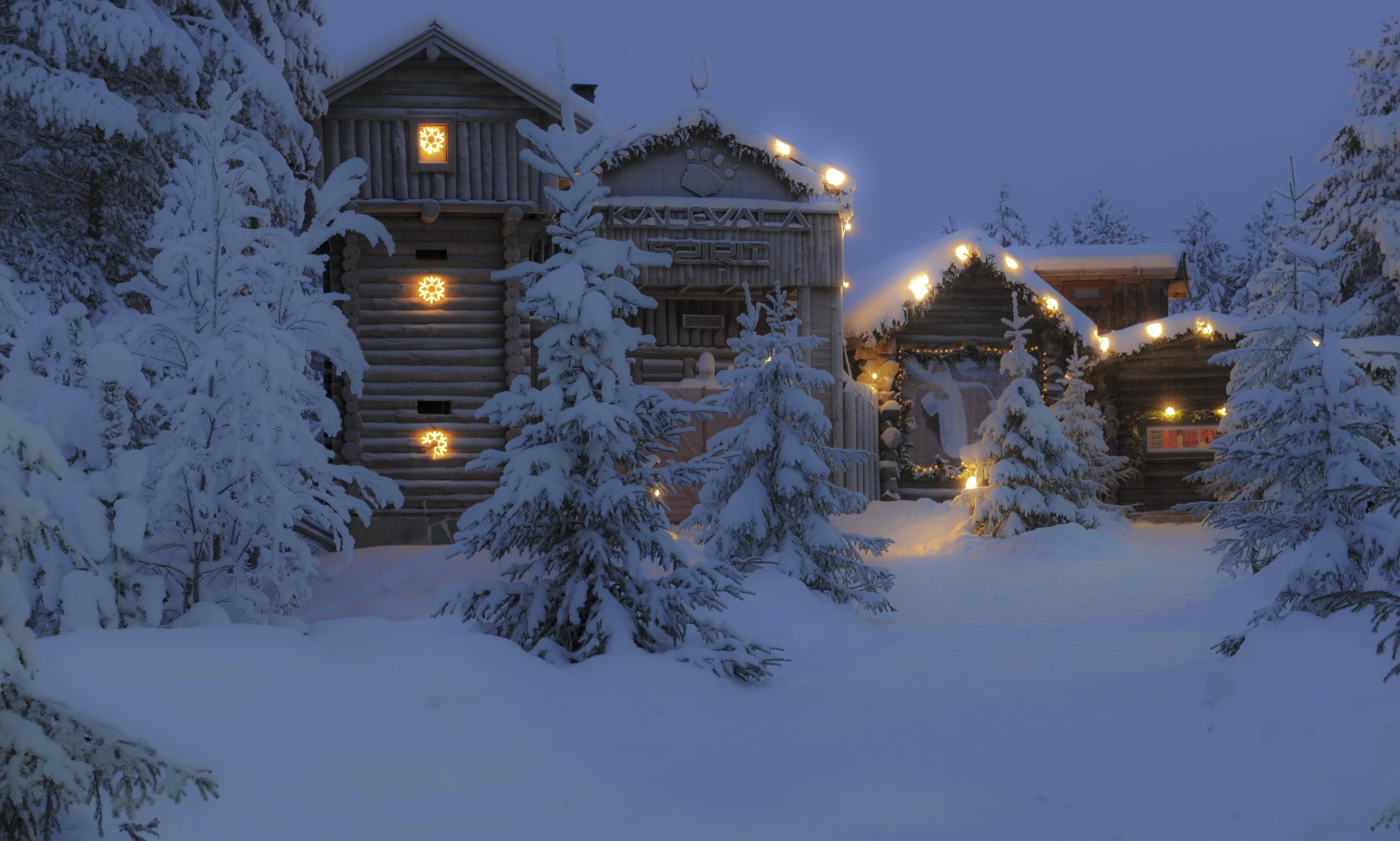 winter house finland lapland snow night tree town photo