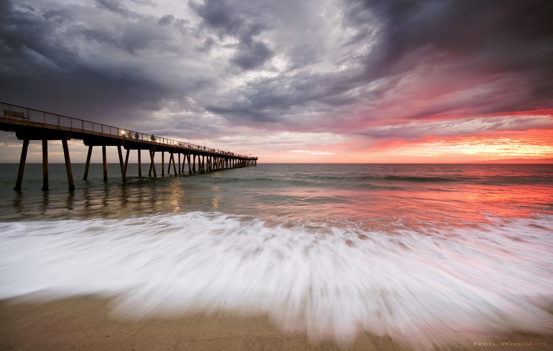 meer strand pier sonnenuntergang wolken