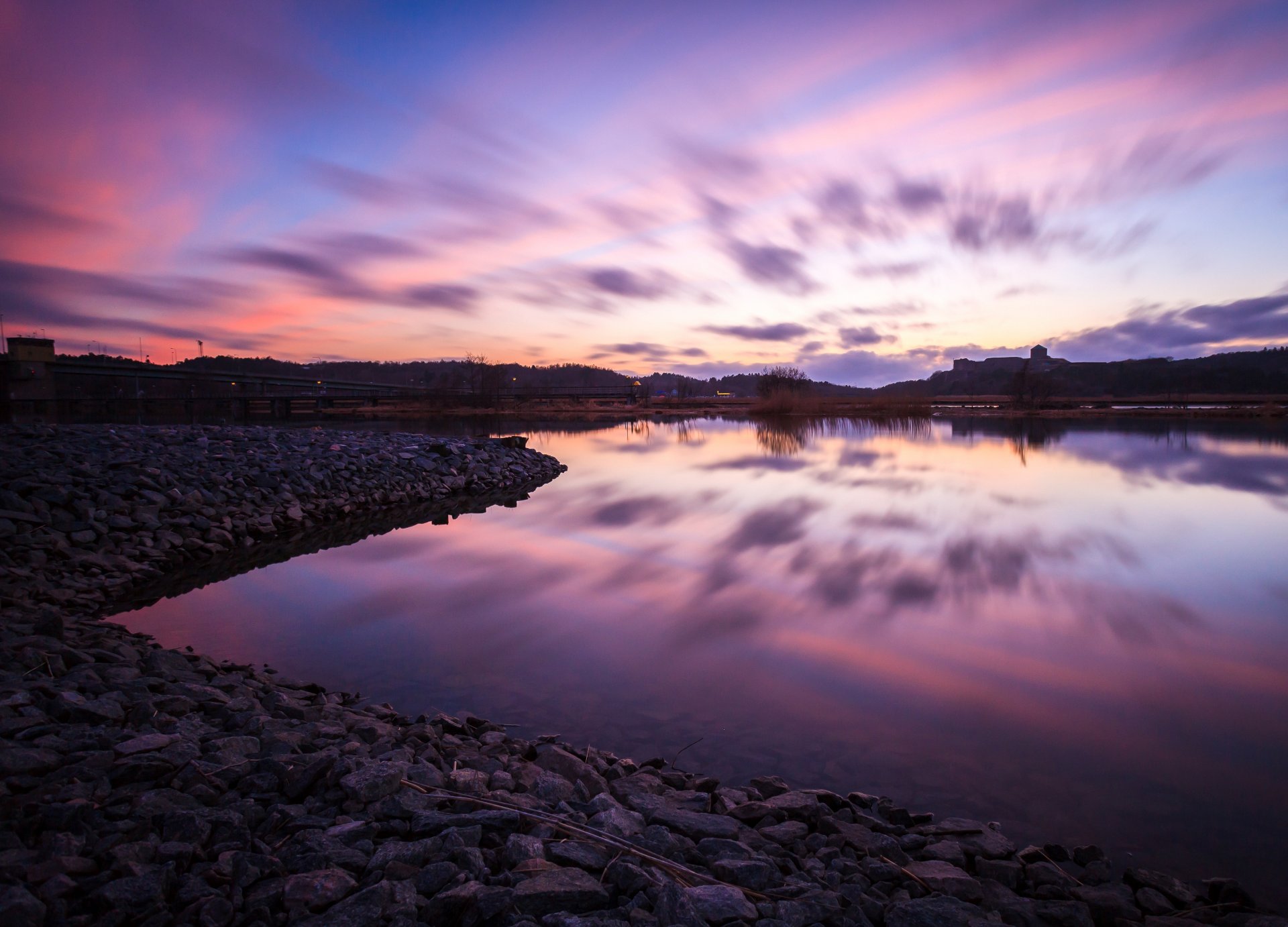 landscape nature stones sea water reflection pink sky blue foliage background wallpaper widescreen full screen hd wallpapers fullscreen