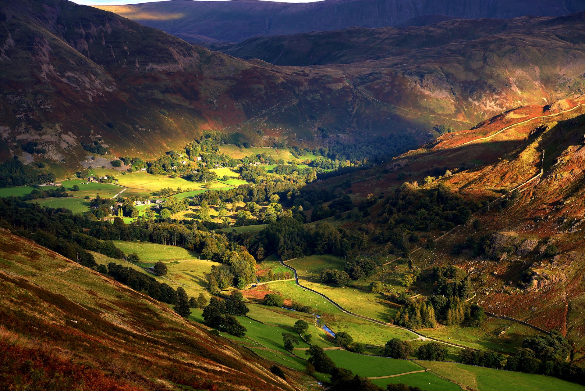 inglaterra valle colinas pueblo otoño luz pendientes árboles