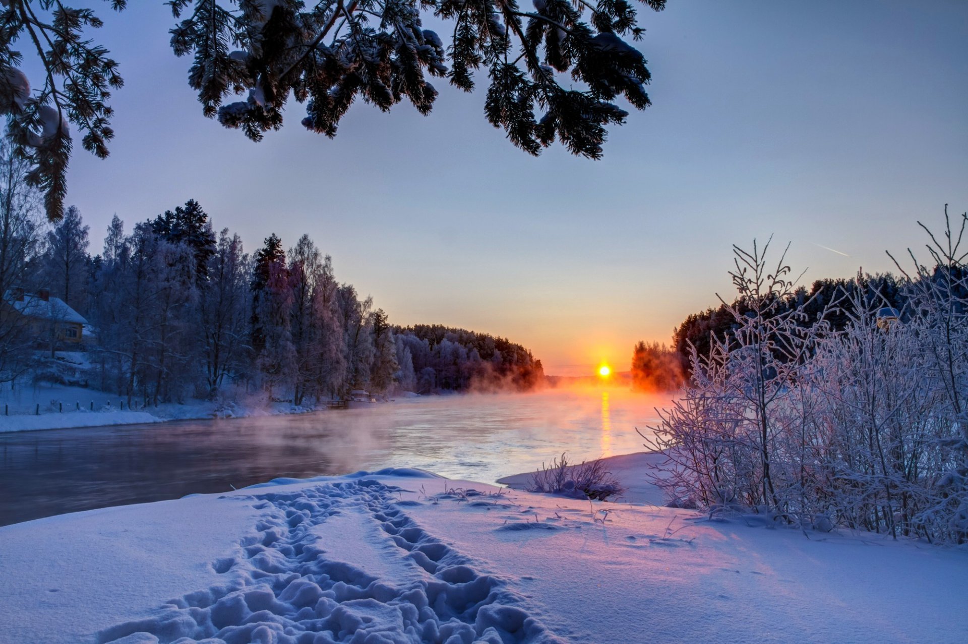 nature hiver coucher de soleil neige rivière ciel nuages blanc paysage hiver soleil blanc sensa nice