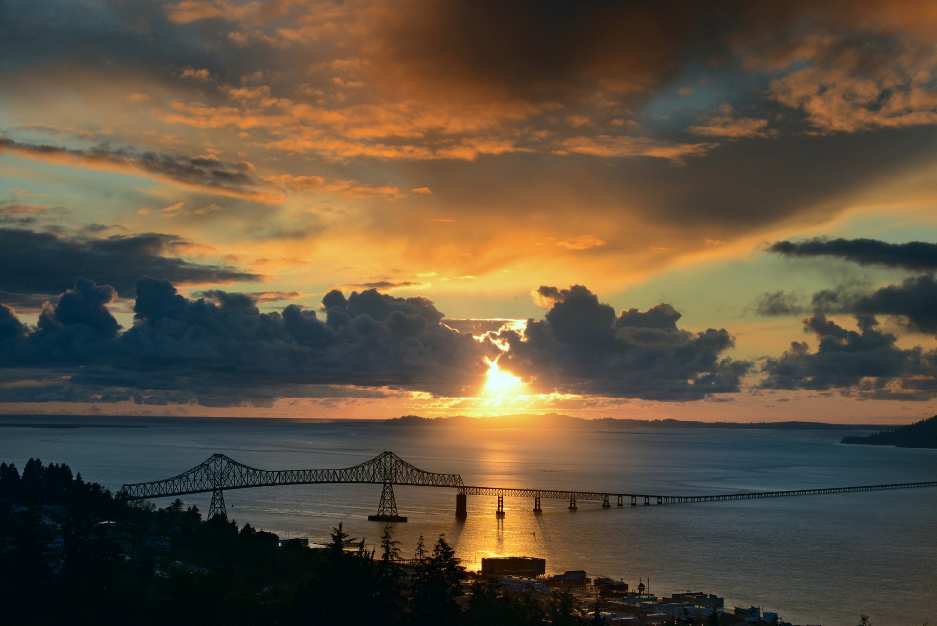 bucht brücke sonne wolken sonnenuntergang