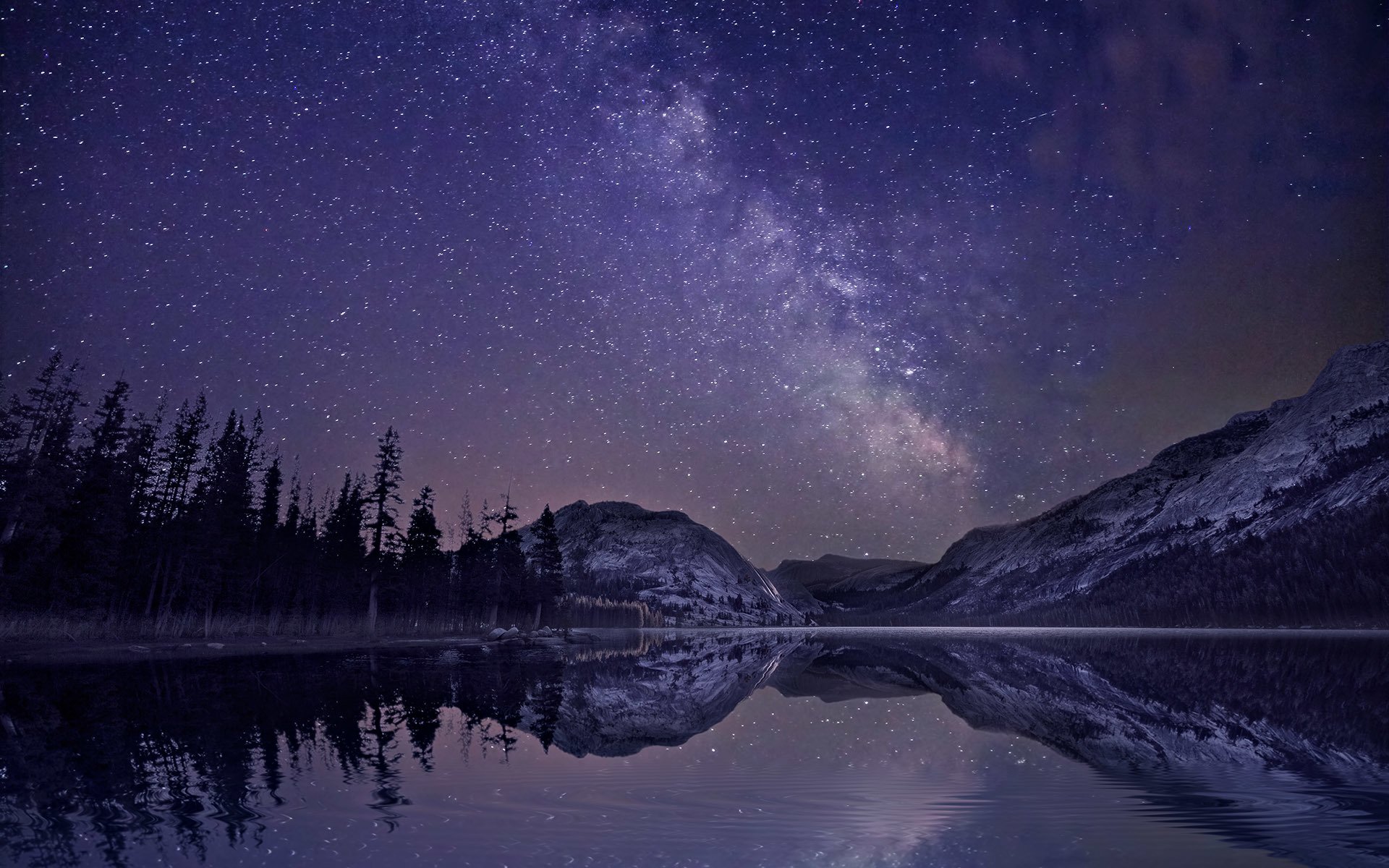 montagnes forêt lac réflexion nuit étoiles voie lactée