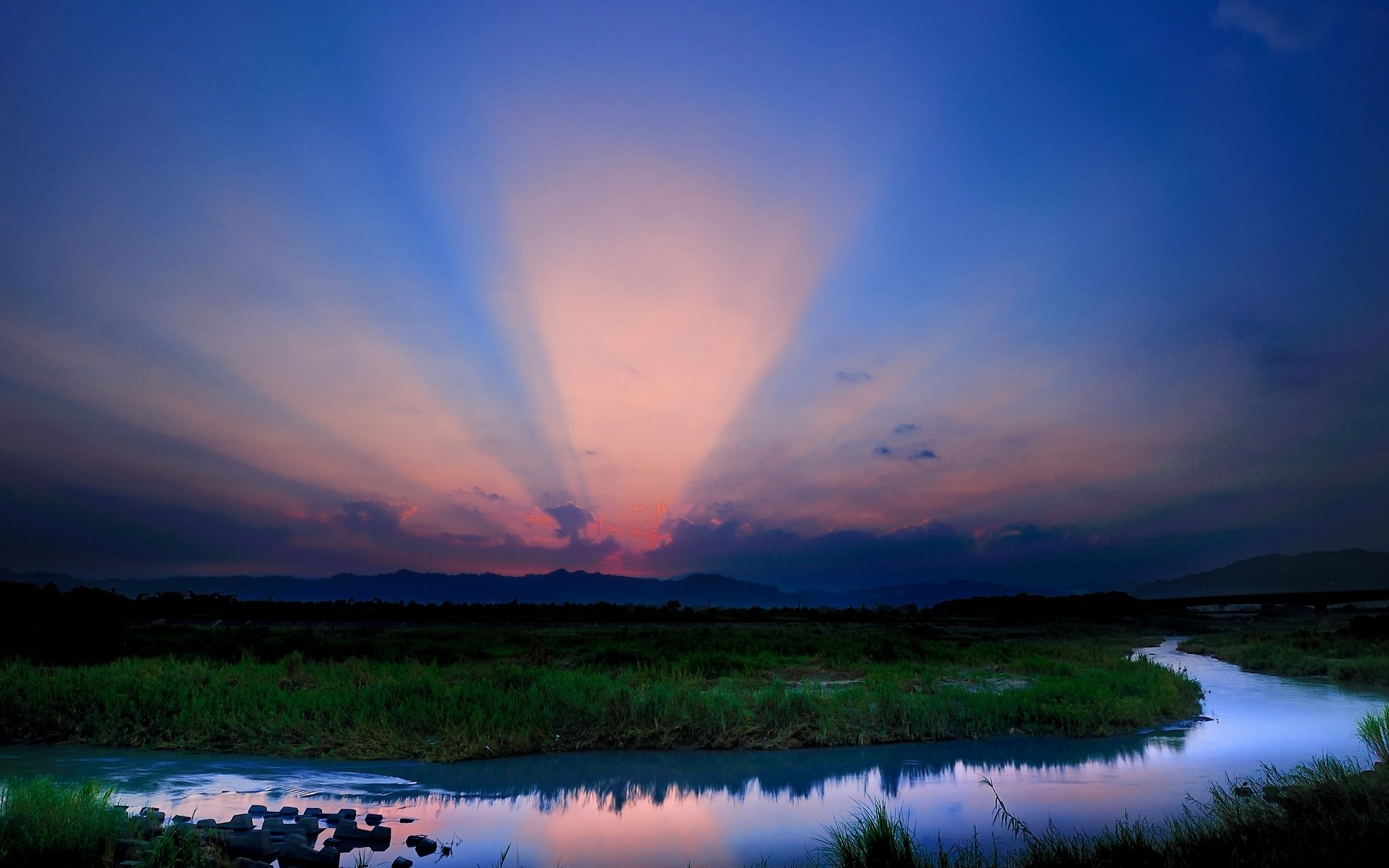 landschaft natur grün fluss wasser berge himmel rosa wolken hintergrund tapete widescreen vollbild widescreen widescreen