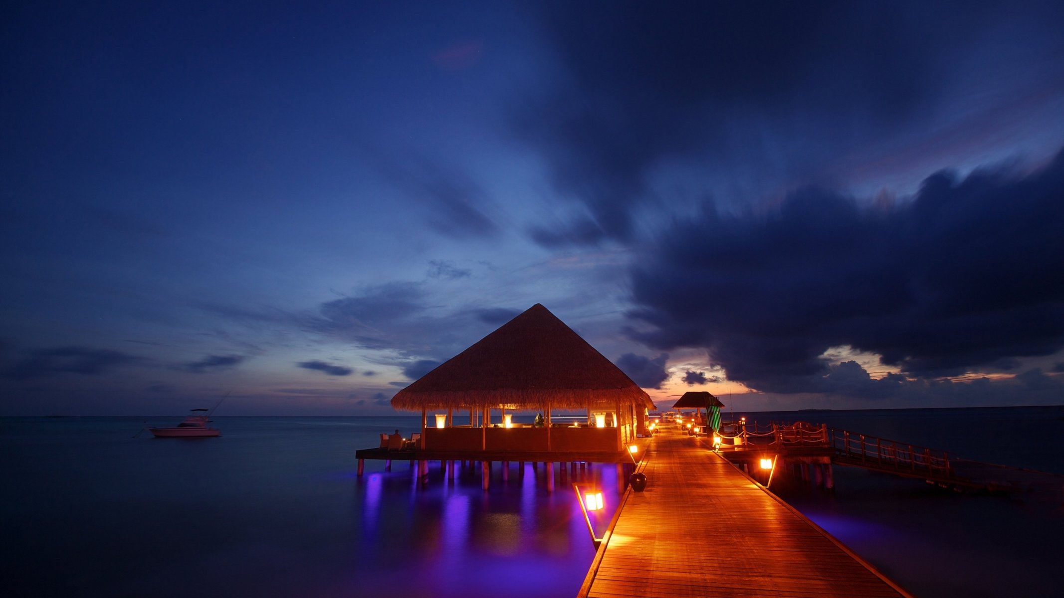 night lights maldives tropical beach bungalow ocean sea sunset pier