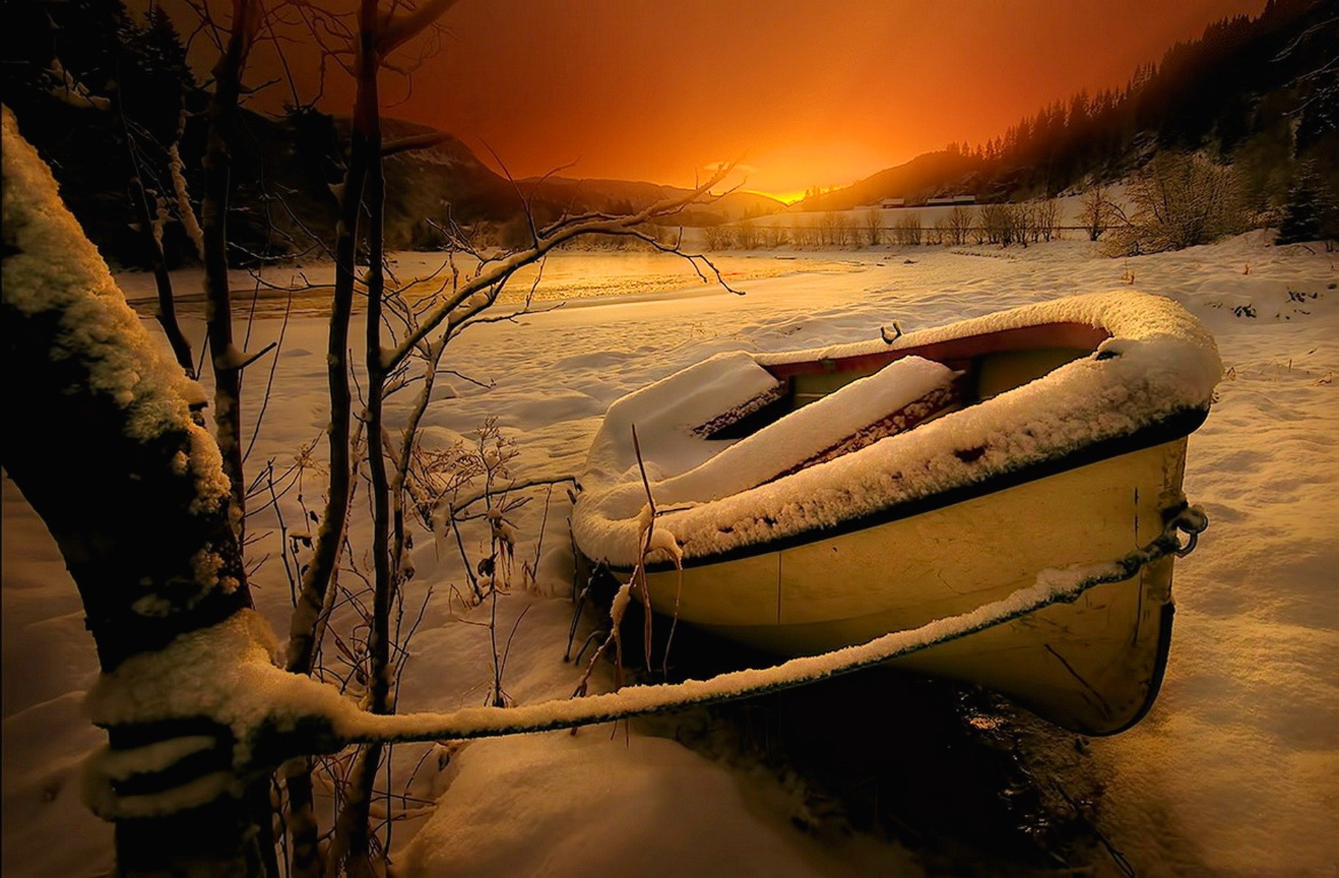 natur boot fluss bäume berge landschaft himmel sonnenuntergang winter schnee winter boot