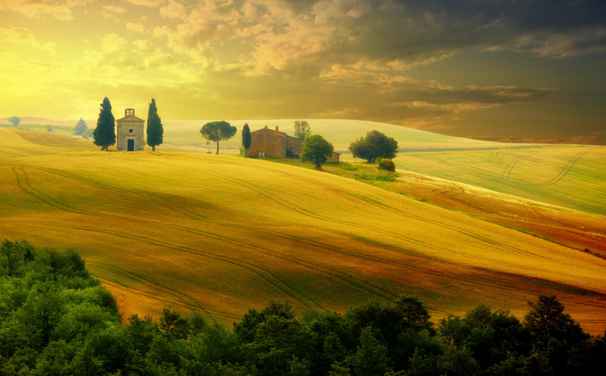 italien toskana sonnenuntergang sommer auf dem land landschaft natur bäume himmel schönes feld sommer landschaft schönes feld