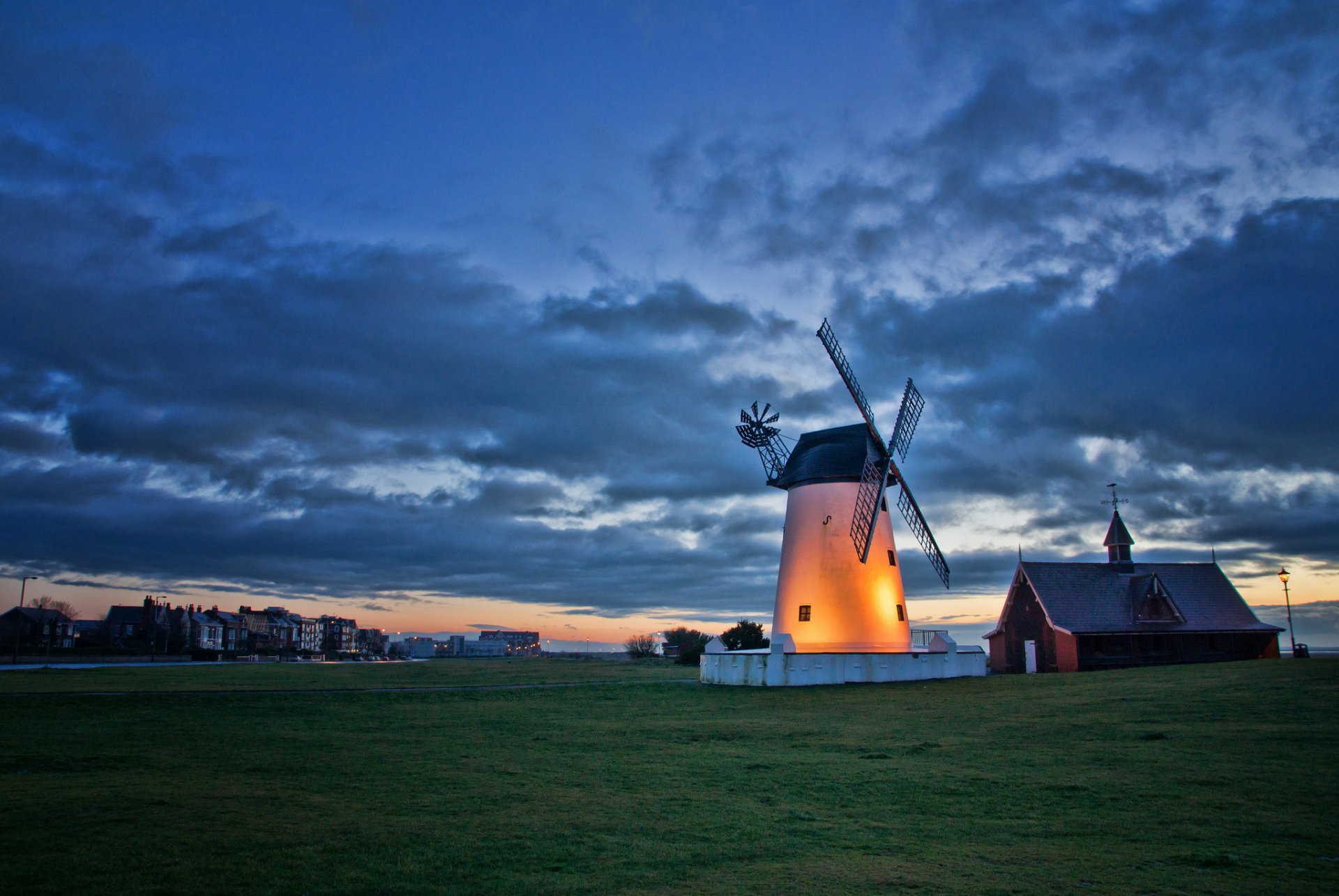 united kingdom england village mill lighting light night twilight sunset sky clouds landscape