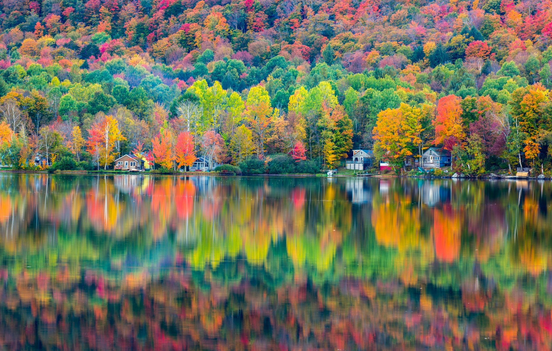 automne forêt maison lac réflexion