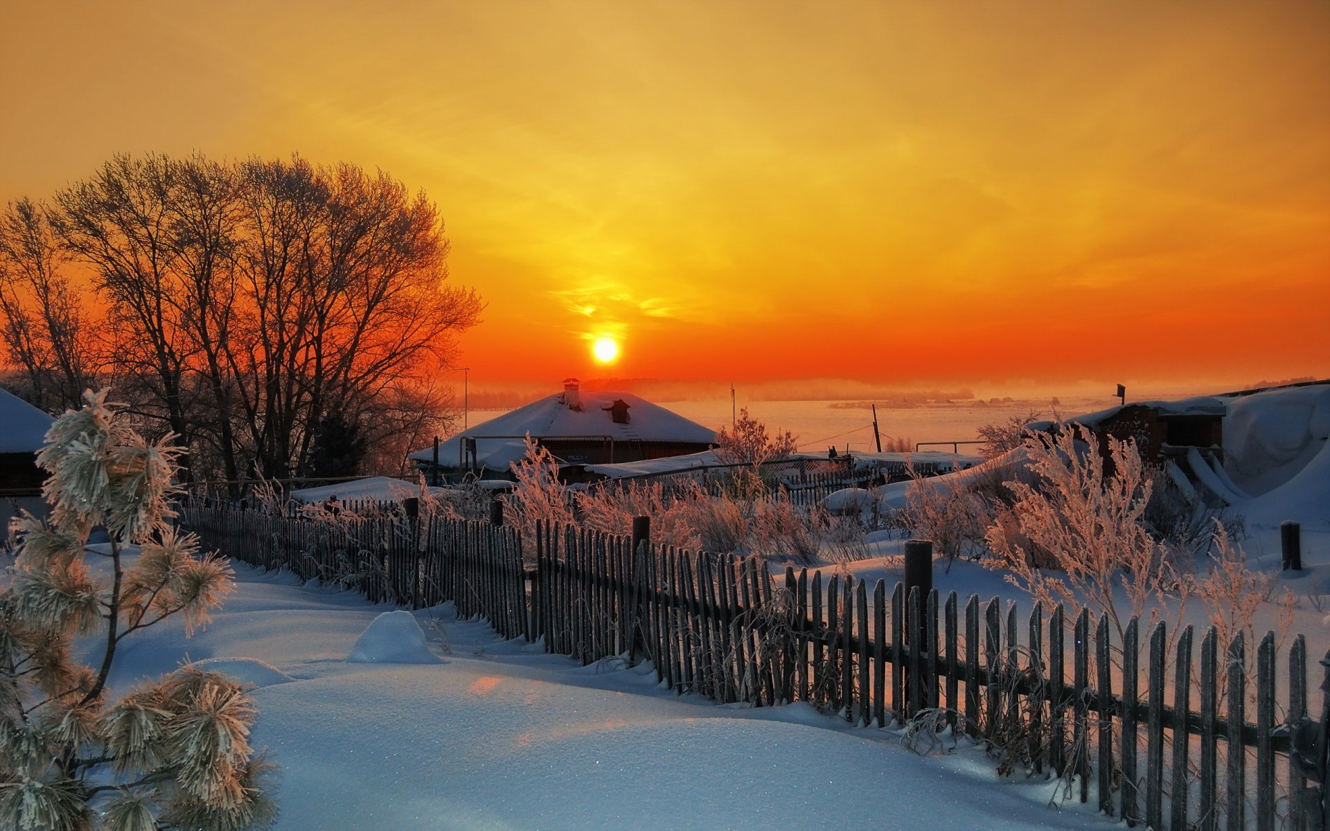 sonnenuntergang winter dorf