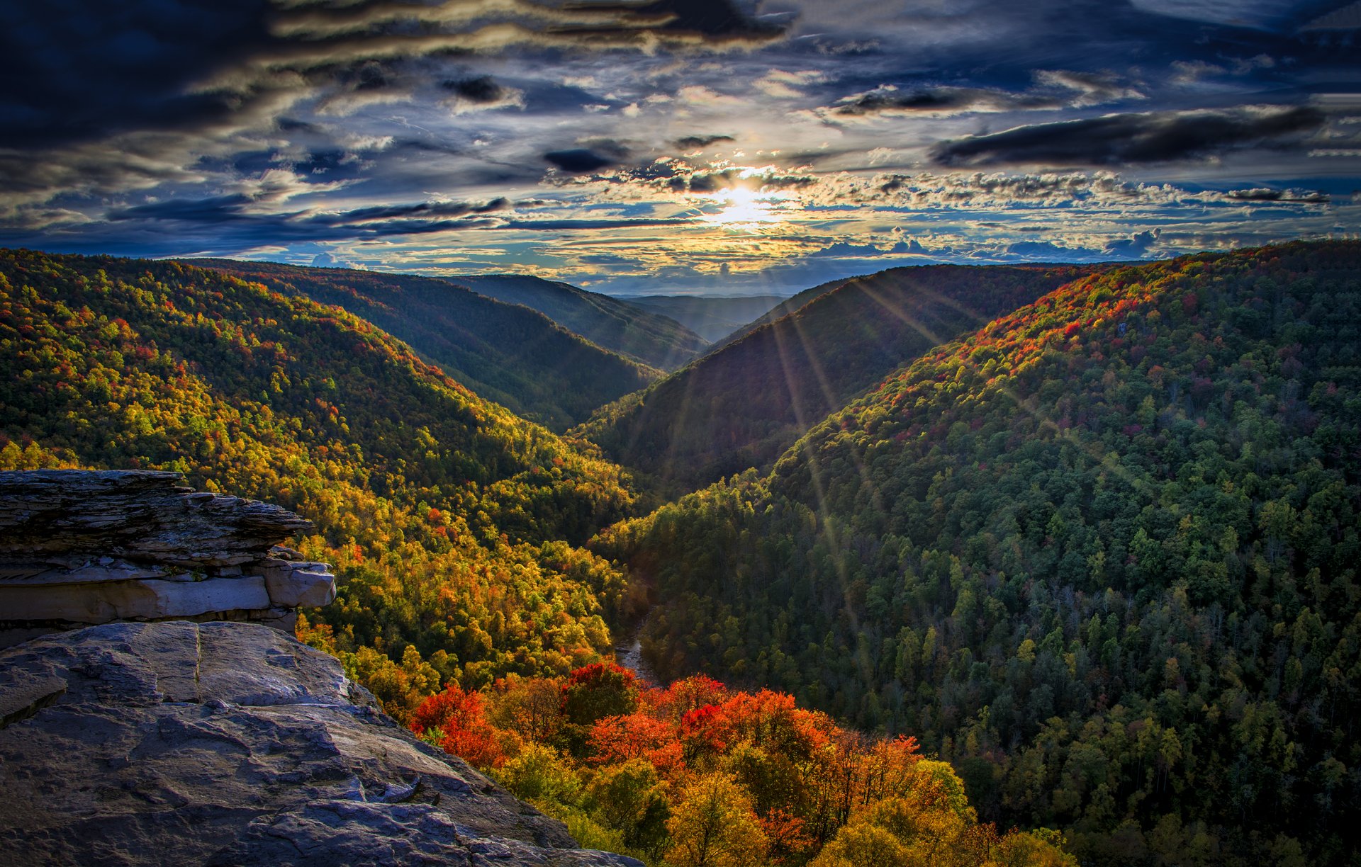 mountain forest river autumn sun rays night