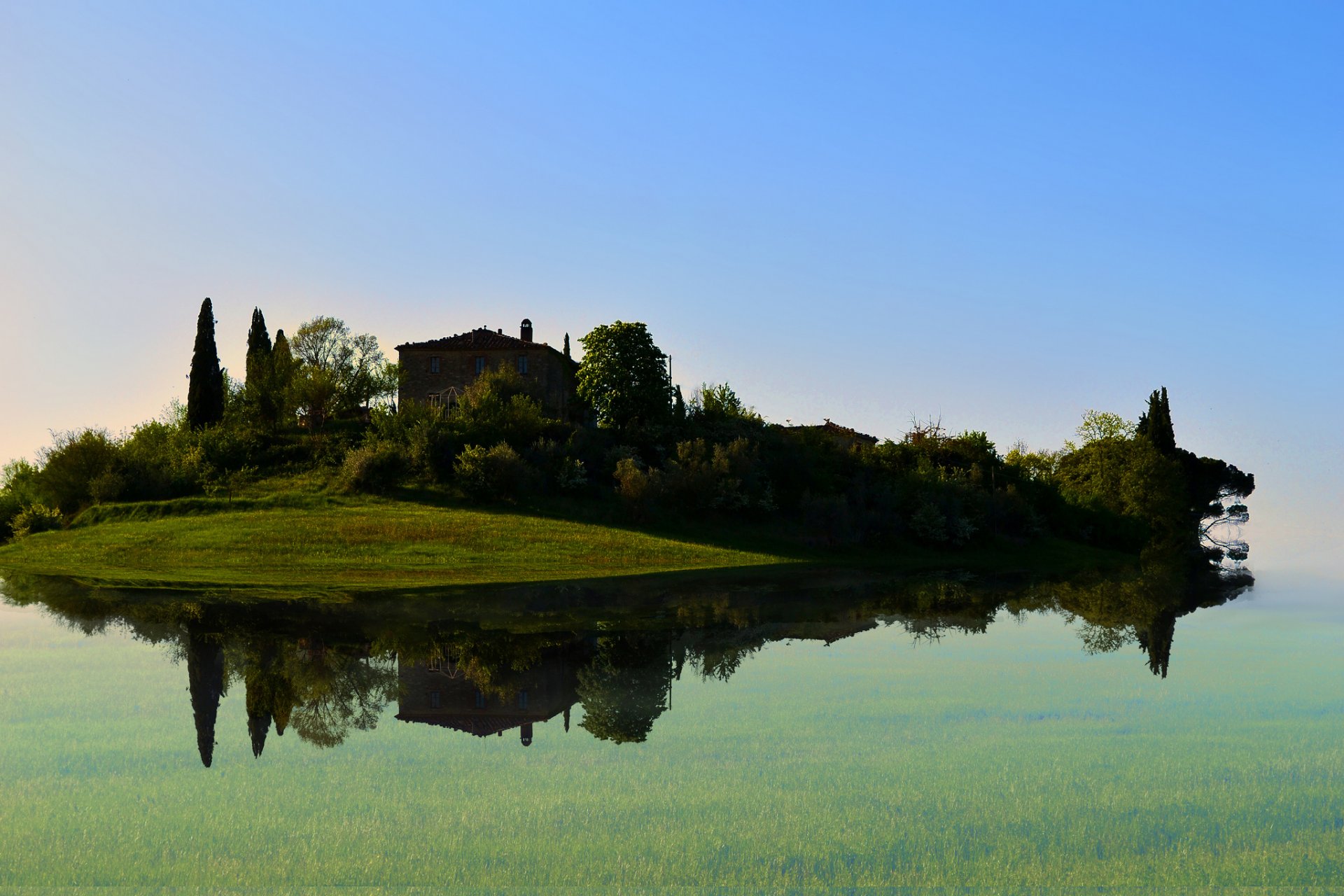 lago isla casa árboles