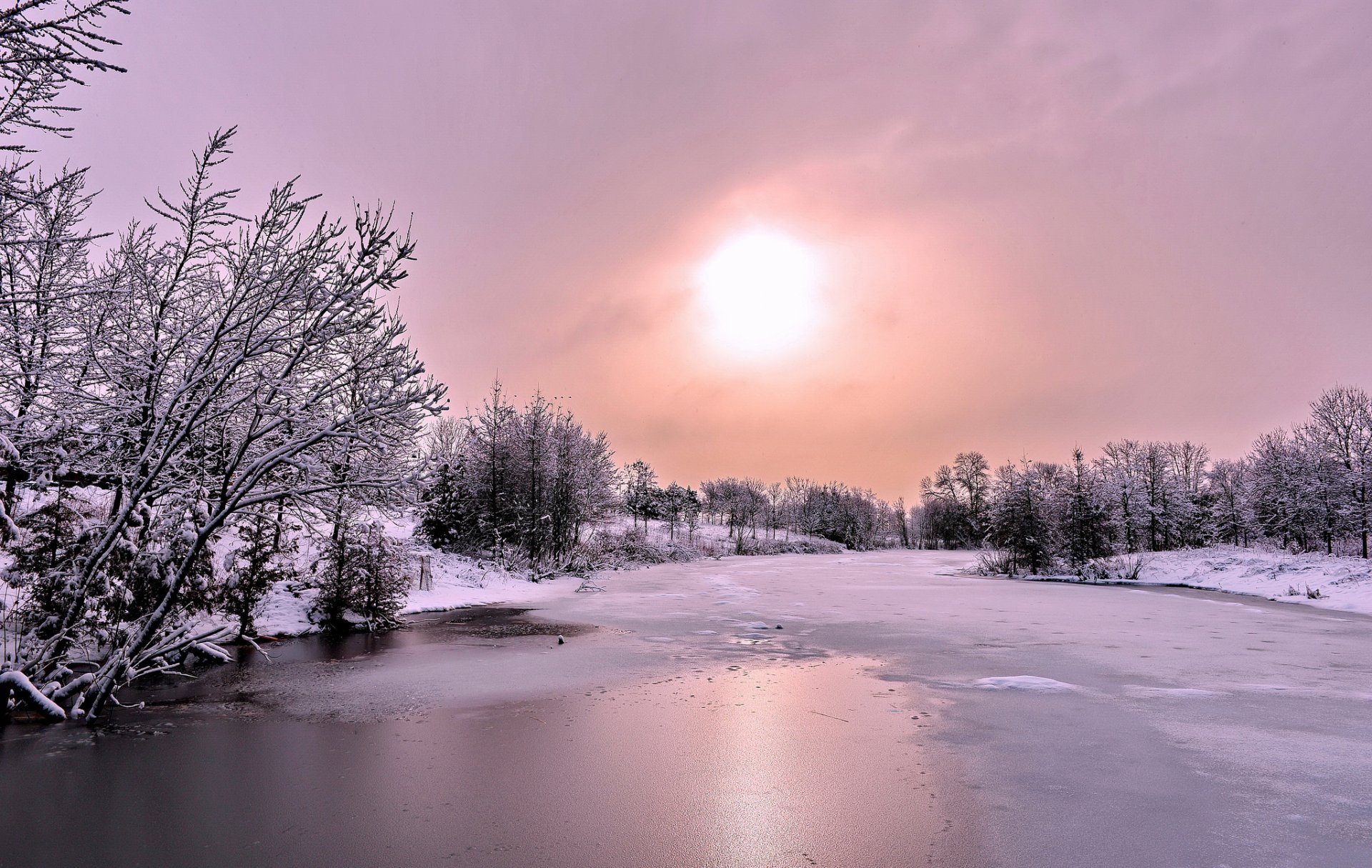 winter schnee wald fluss eis sonne wolken