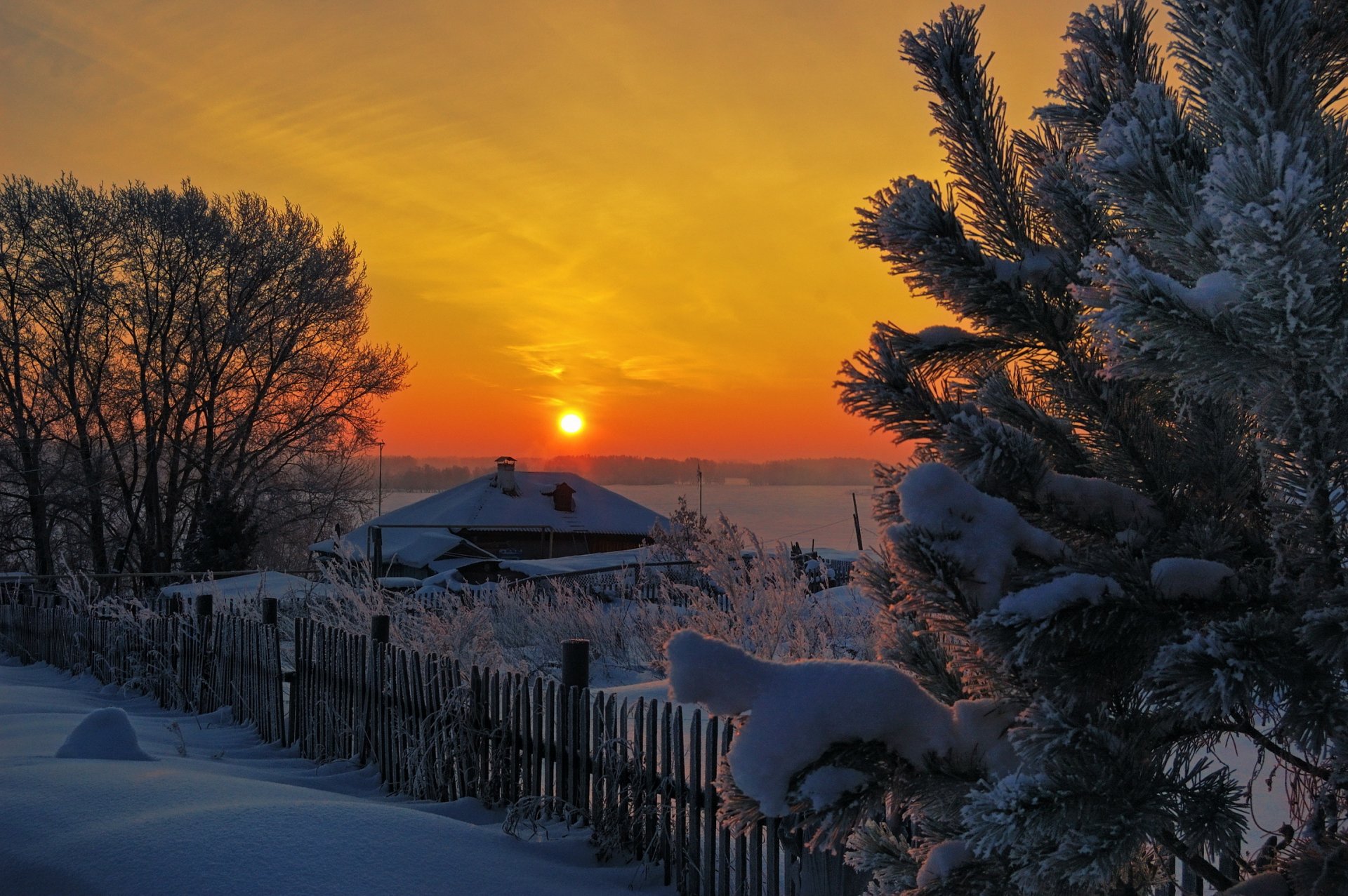 hiver neige arbres maison clôture coucher de soleil soleil