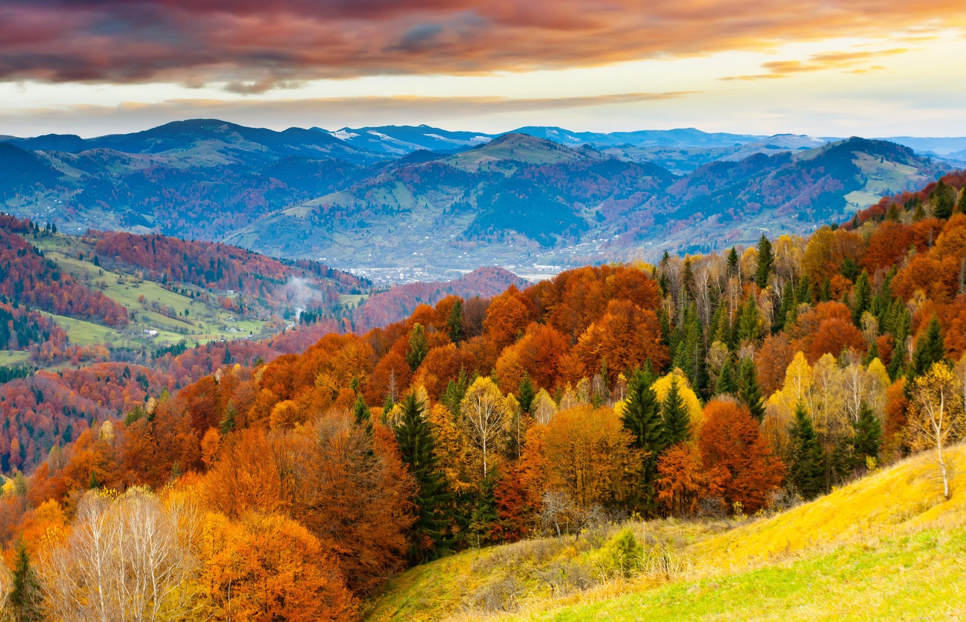 coucher de soleil montagnes d hiver paysage ciel nuages beaux arbres champ horizon nature montagnes d hiver horizon