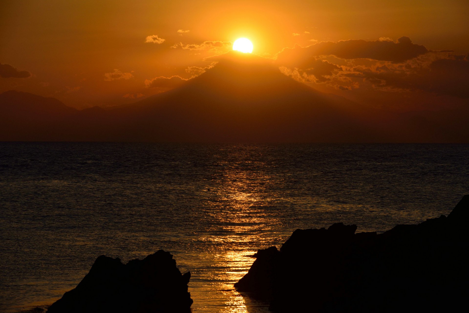 see felsen berg fuji sonne sonnenuntergang