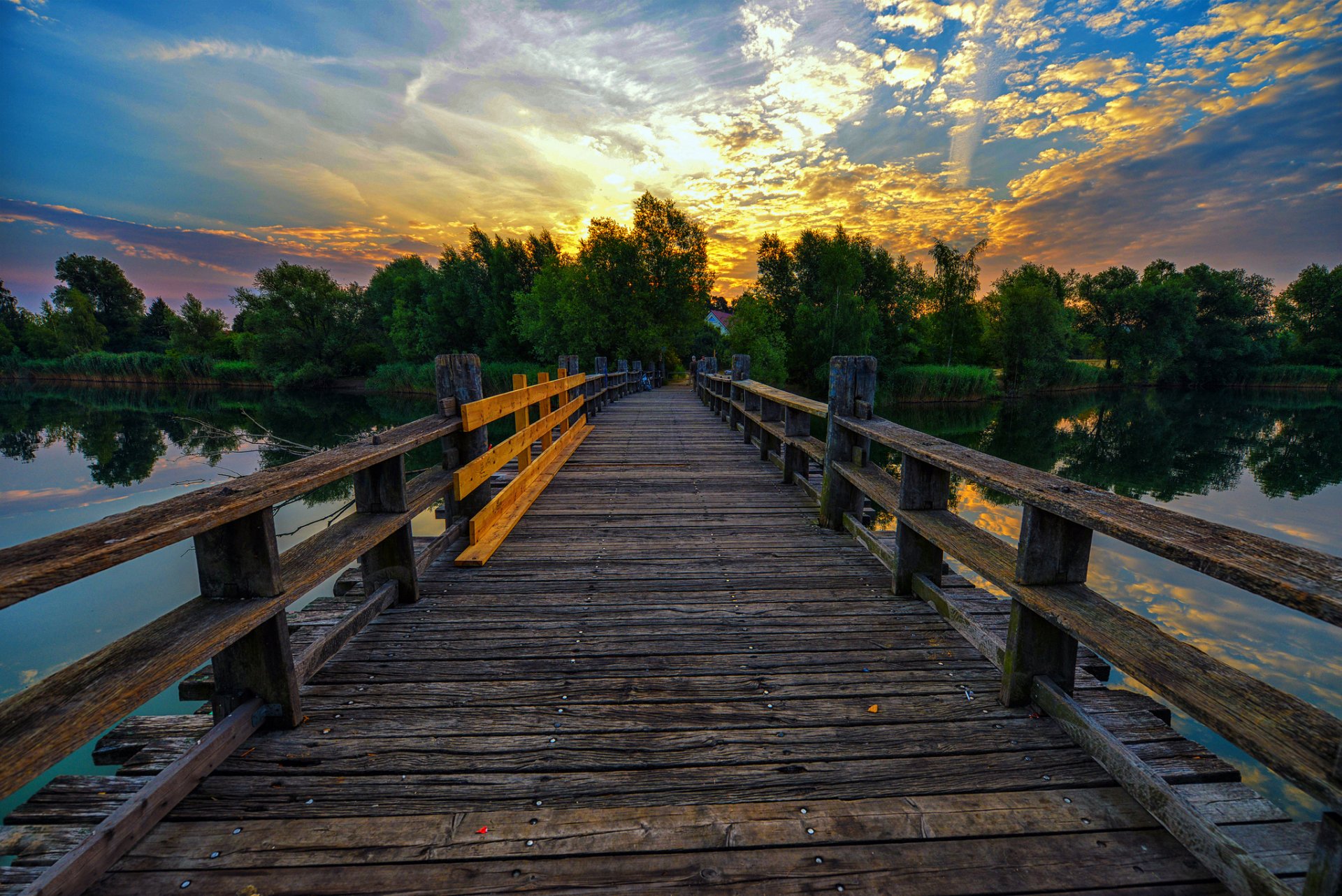 lake pond bridge night sunset