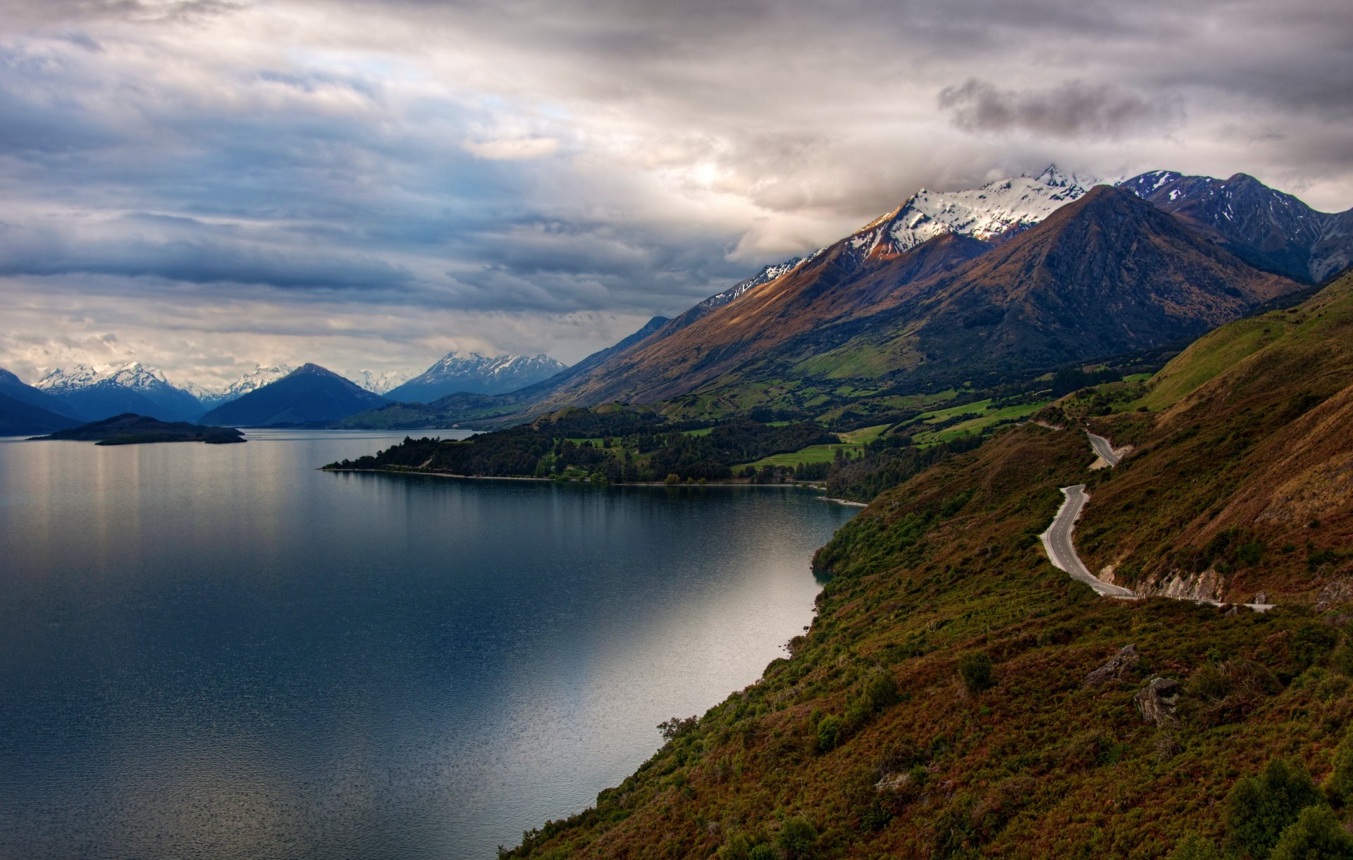 nueva zelanda carretera paisaje montañas lago isla naturaleza nieve árboles