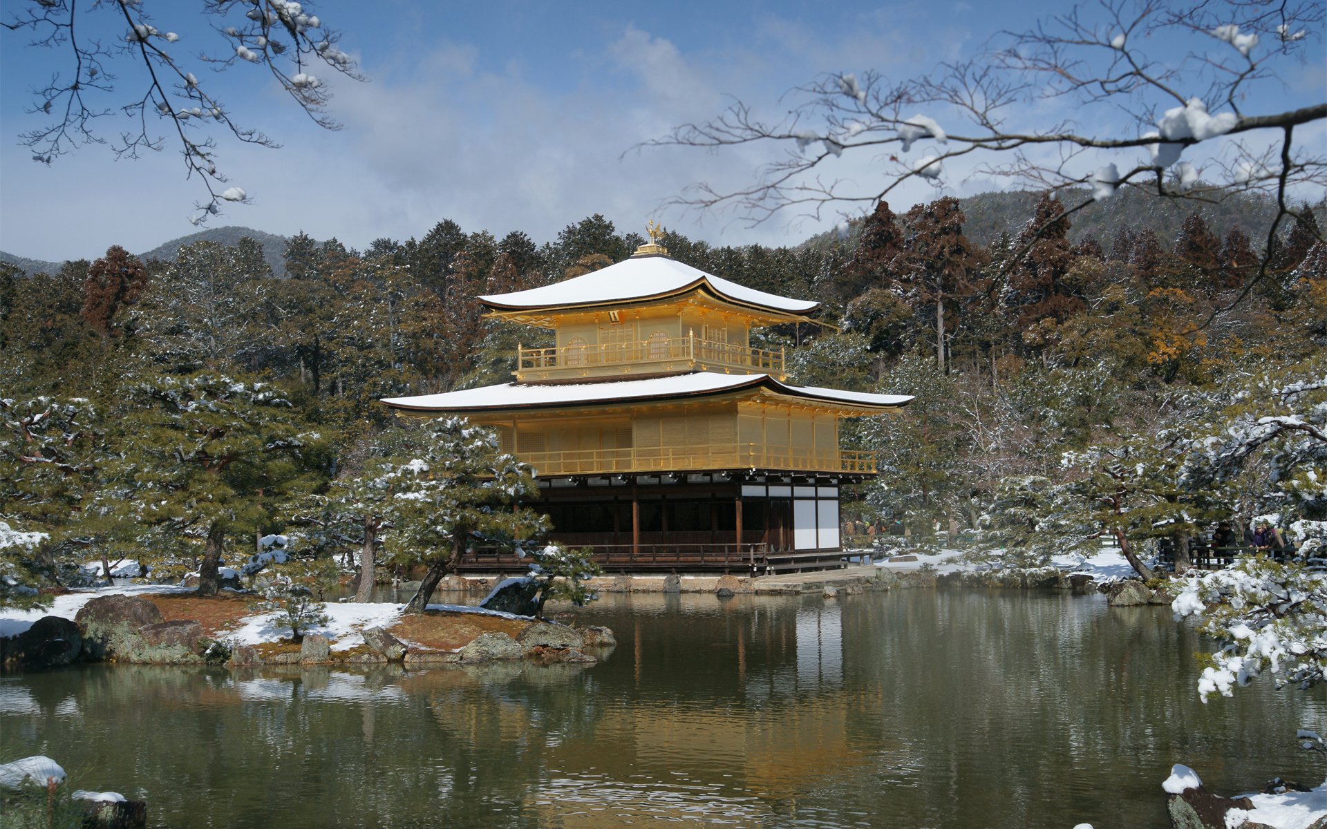 japon hiver printemps lac neige maison arbres