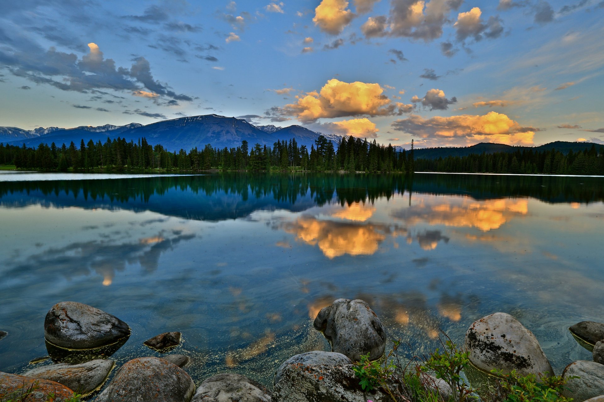 mountain forest lake stones dawn