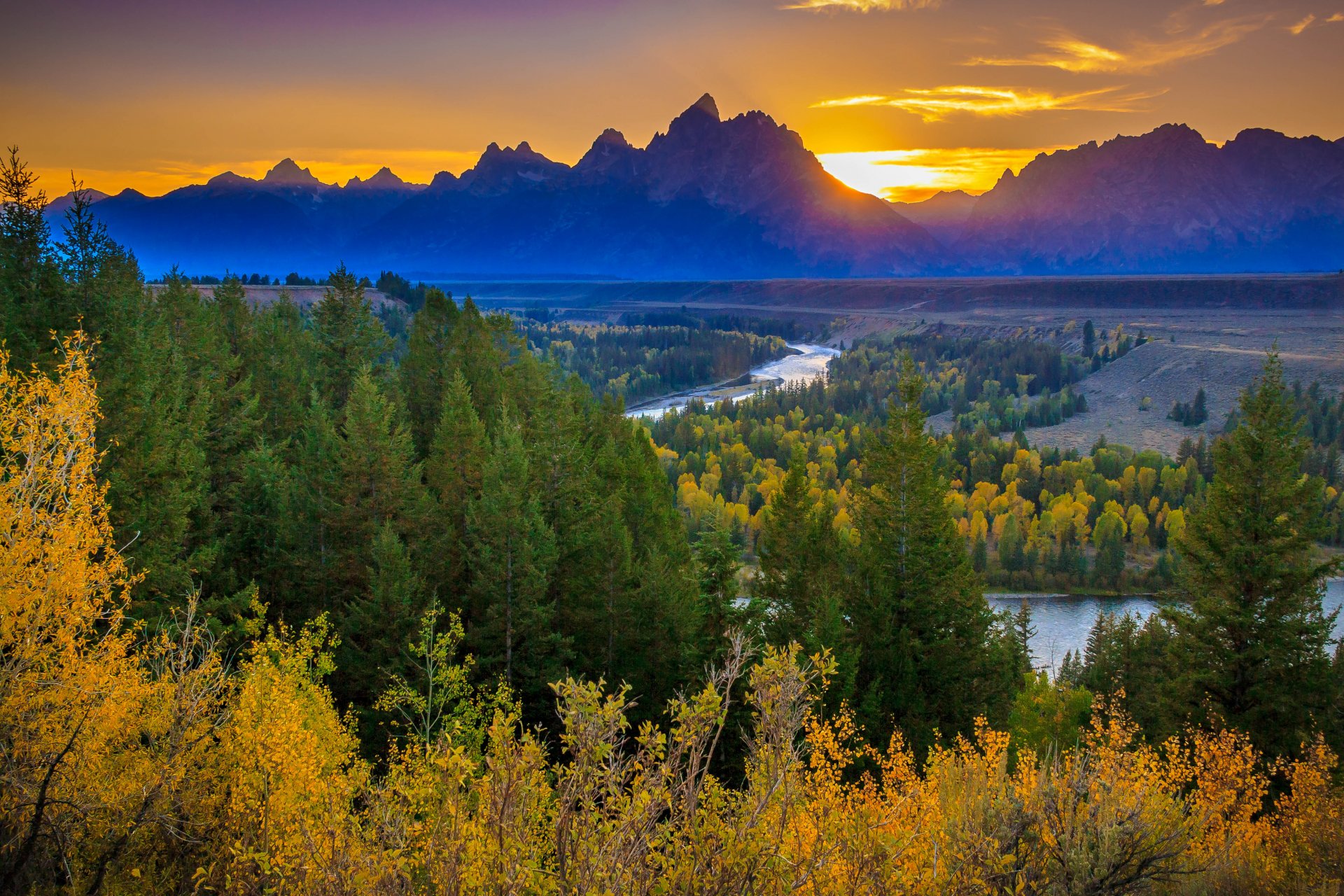 otoño montañas río bosque sol puesta de sol vista del río snake grand tetons estados unidos