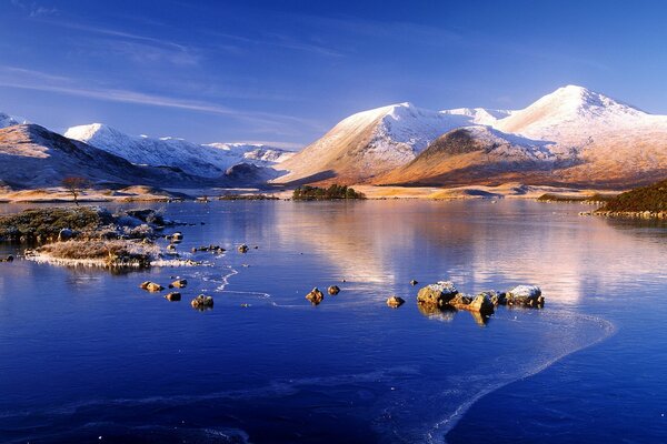 Winter landscape: mountains and lake